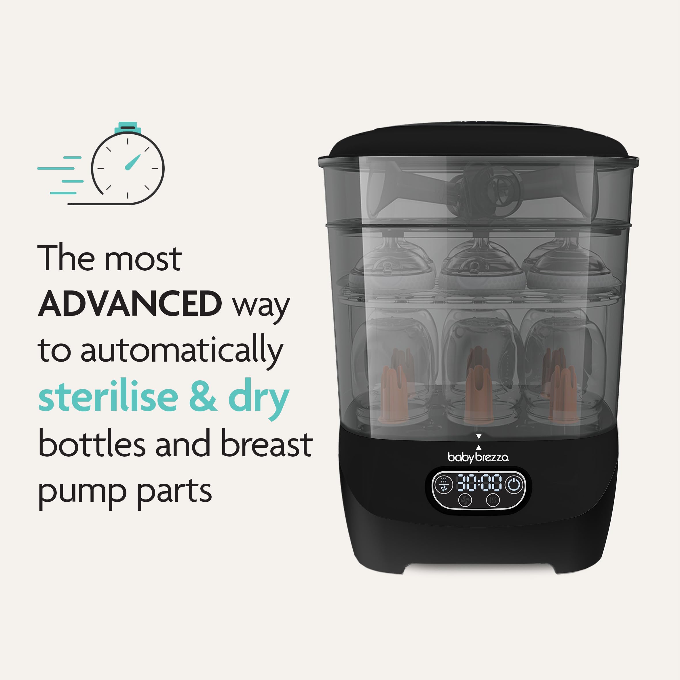 Baby Brezza Steriliser & Dryer Advanced – Electric Steam Steriliser for All Bottles, Dummies & Pump Parts – HEPA Filter – Fits Plastic & Glass – Black — view 3