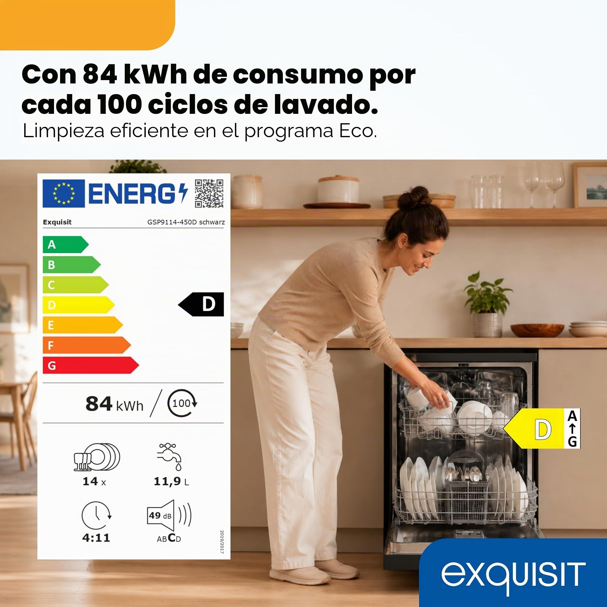 Lavavajillas 60 cm Exquisit GSP9114-450D Negro | Lavavajillas Libre Instalación 14 Servicios | 4 Programas de Lavado, Express 30 min, Aquastop, Inicio Diferido 1-24h, Funcionamiento Silencioso 49 dB | 4 programas, Express 30 min, inicio diferido 1-24 h, f