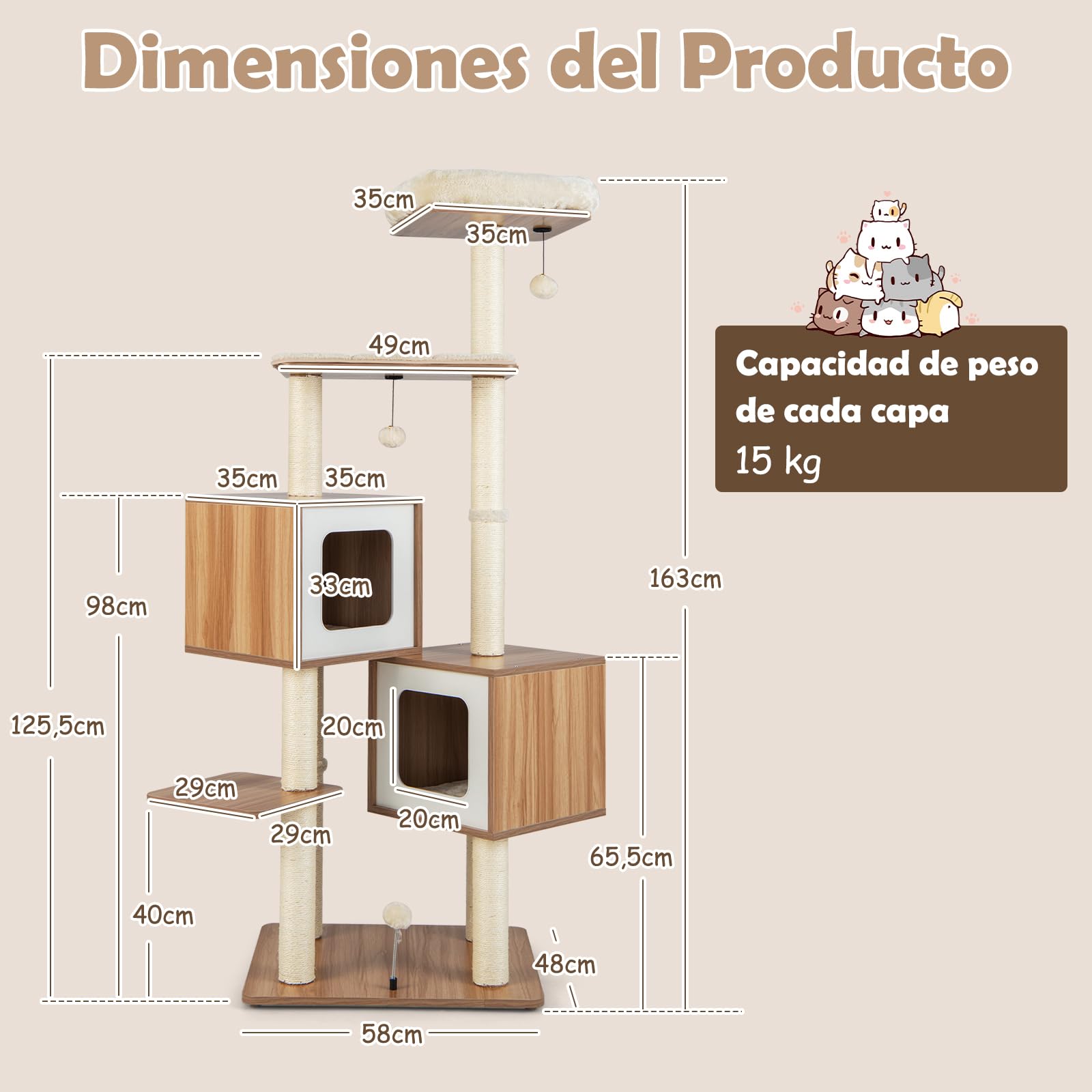 GOPLUS Árbol para Gatos de Varias Capas de 163 cm, Torre de Actividades para Gatos Escaladores en Interiores con Postes para Rascar, Plataforma Acolchada, 2 Condominios, 3 Bolas