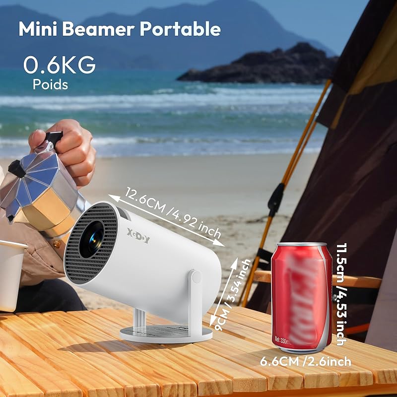 Mini proiector portabil XGODY 12000 lumeni alb cu gimbal, Android 11, nativ 720p, WiFi 6, Bluetooth, 4K, 1080p, home cinema, corecție trapezoidală automată