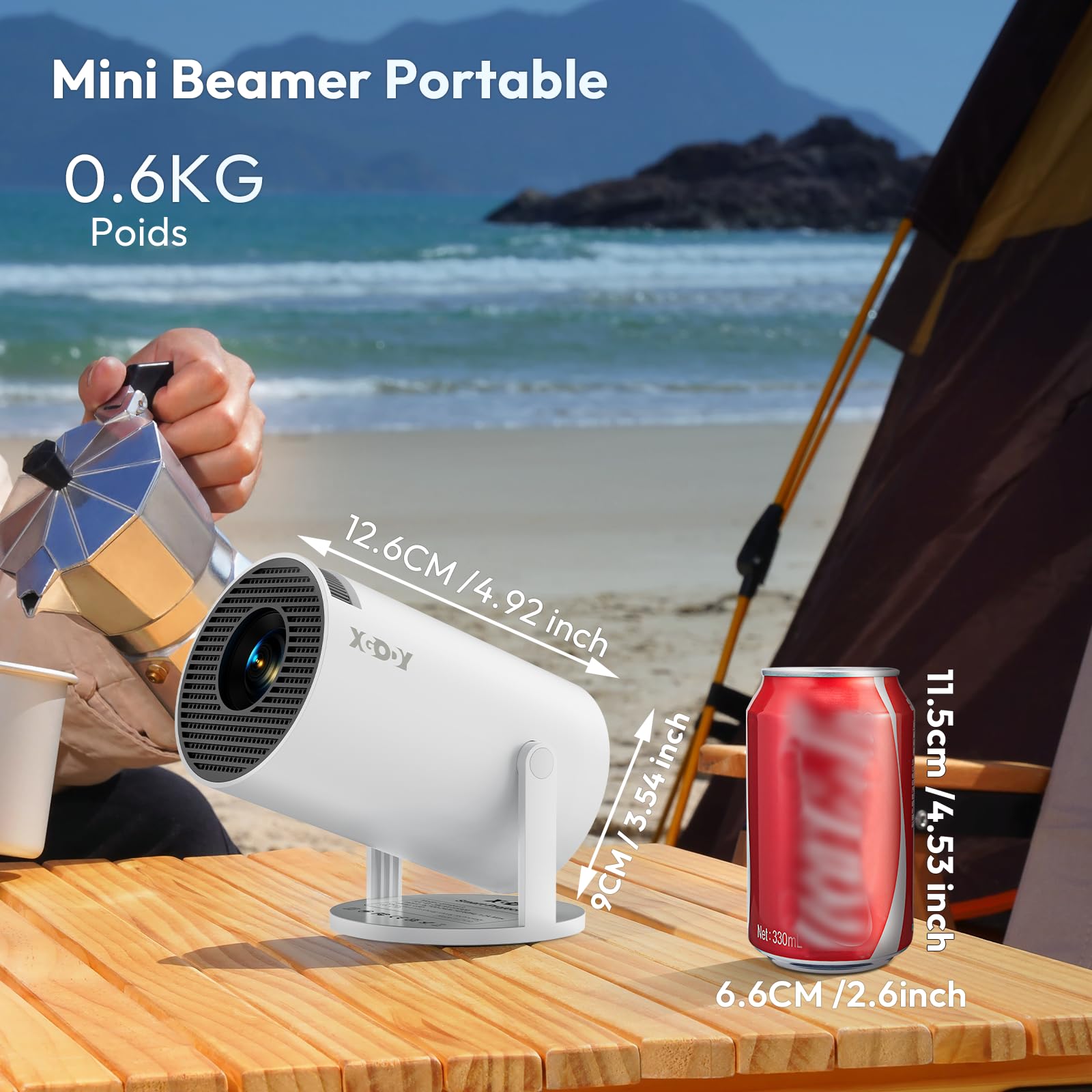 Mini projektor [2025 Upgraded & Android 11.0] Native 720P HD, obsługuje 4K 1080P, Xgody Gimbal 3 New przenośny projektor 12000 lumenów, WiFi 6, Bluetooth, Auto Keystone, projektor wideo do kina