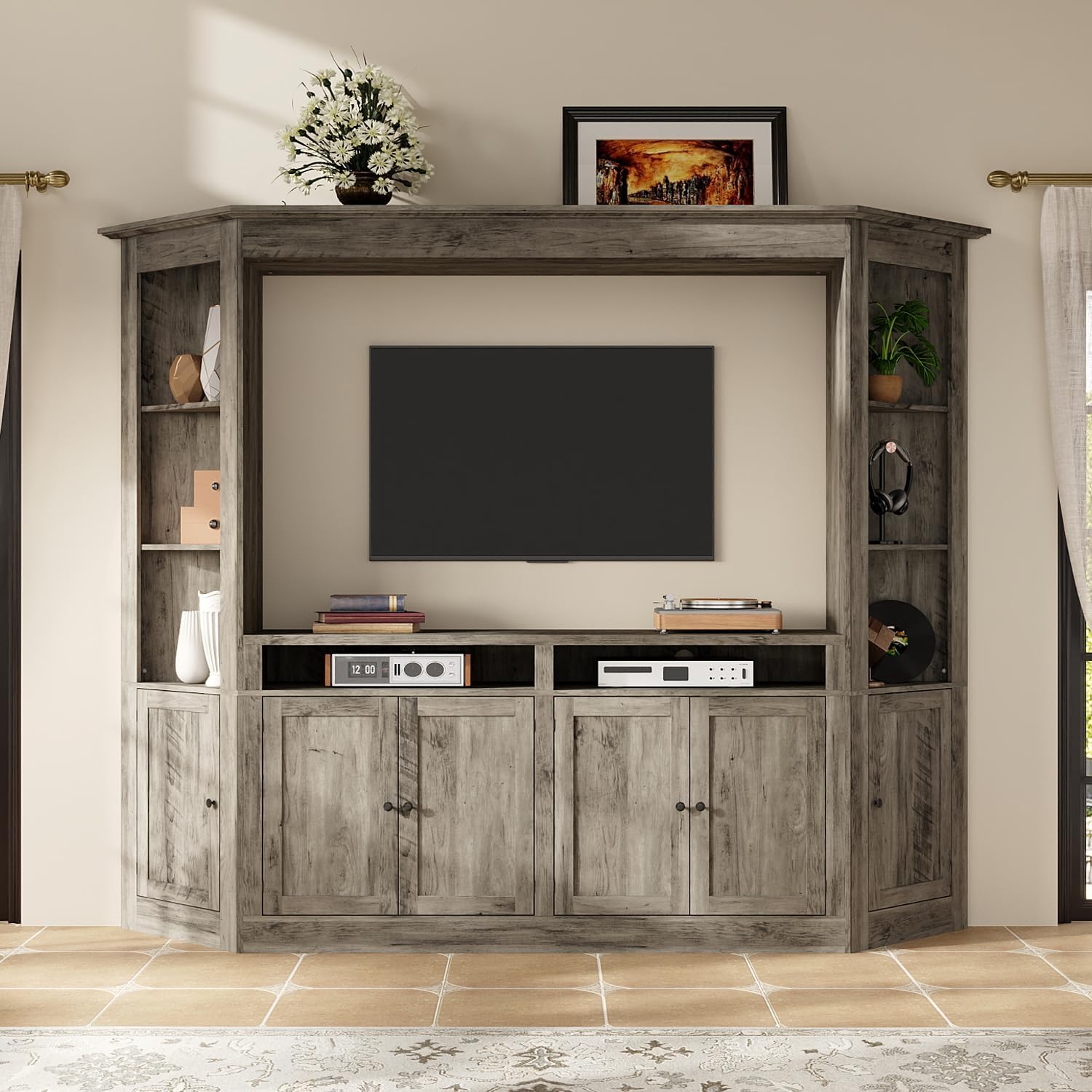 ECACAD 4-Piece Large Wall Unit TV Stand with Bookshelves for TVs up to 70", Farmhouse Entertainment Center with 16 Storage Shelves, Rustic Media Console Table for Living Room, Bedroom, Gray