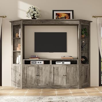 ECACAD 4-Piece Large Wall Unit TV Stand with Bookshelves for TVs up to 70", Farmhouse Entertainment Center with 16 Storage Shelves, Rustic Media Console Table for Living Room, Bedroom, Gray