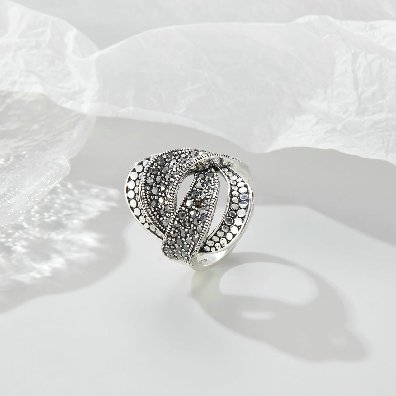 Mytys Vintage Wide Ring Classic Black Marcasite Crystal Rows Statement Silver Chunky Rings - Image 6