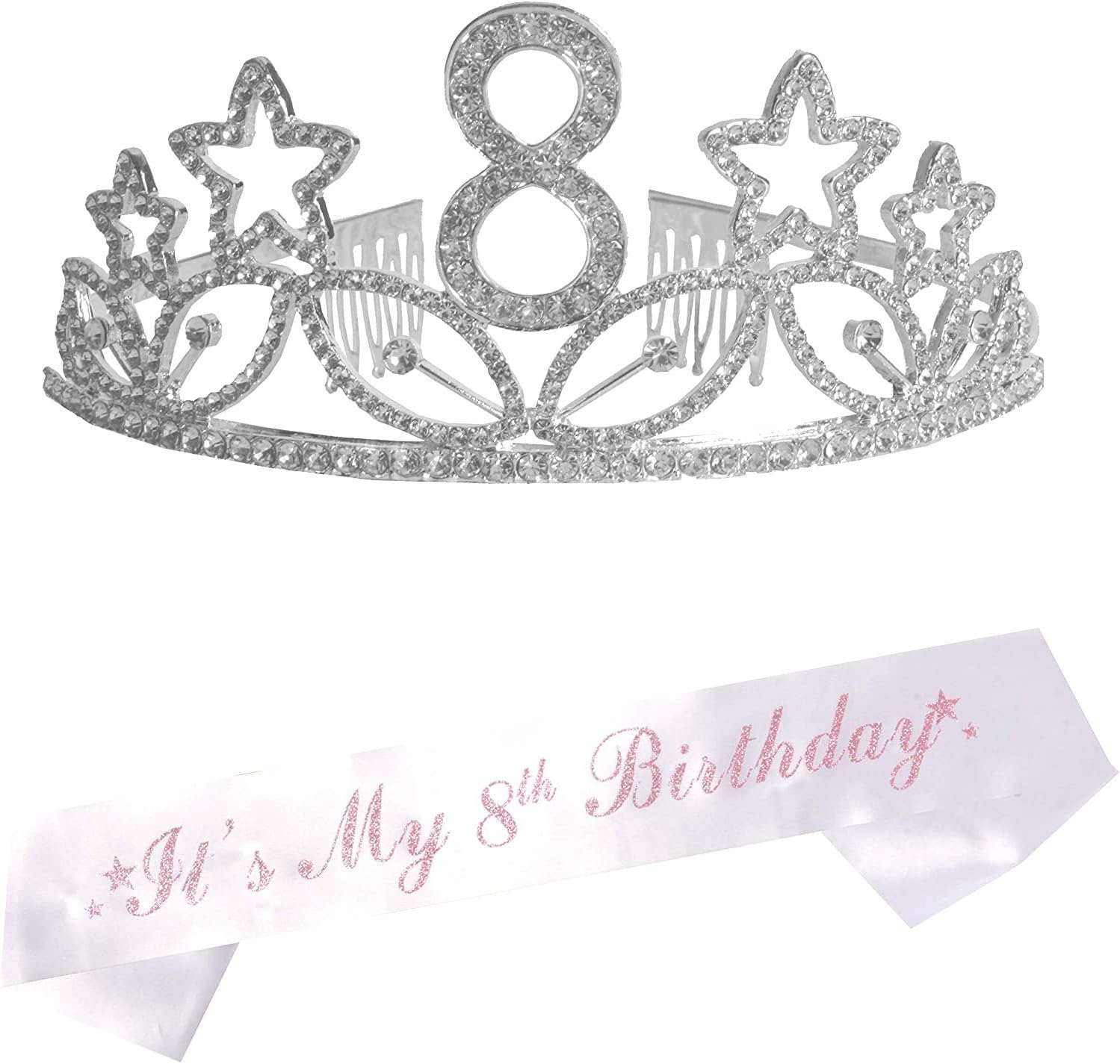 8th Birthday Sash and Tiara for Girls - Fabulous Glitter Sash + Stars Rhinestone Silver Premium Metal Tiara for Girls, 8th Birthday Gifts for Princess Party