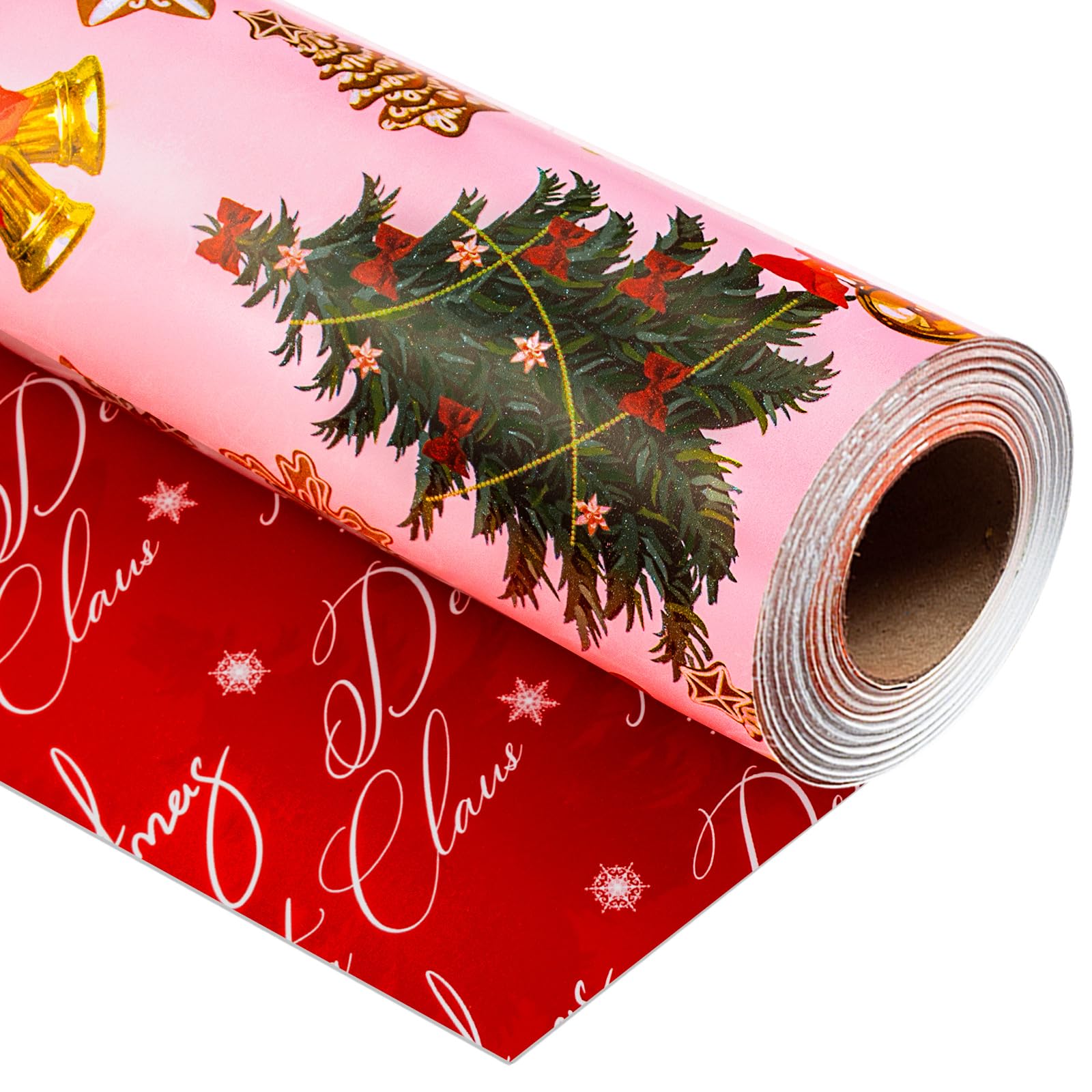 Yarcony Pink Christmas Wrapping Paper, Baby Girl Wrapping Paper, Pink Gingerbread Man, Christmas Tree & Oranment Girl Gift Wrap for Festive Holiday Present, Gift Packaging, Craft (17 In X 33 Ft) — image 1