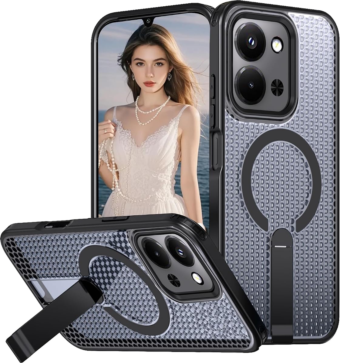 para Redmi 15C 4G 151 mm Estuche de disipación de calor con soporte FX-Negro | Compatible con MagSafe, Slim Fit Hard PC Funda protectora de teléfono con refrigeración magnética a prueba de golpes para Xiaomi Redmi 15C 4G 151mm