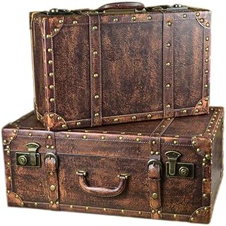 Feixunfan Valigia dell'Annata Vecchio Decorativi Scatola di Legno PU Complessa di Cuoio Set di 2 Vini di Stoccaggio Valigia Tesoro Gioielli Petto Organizzatore Retro Storage Box