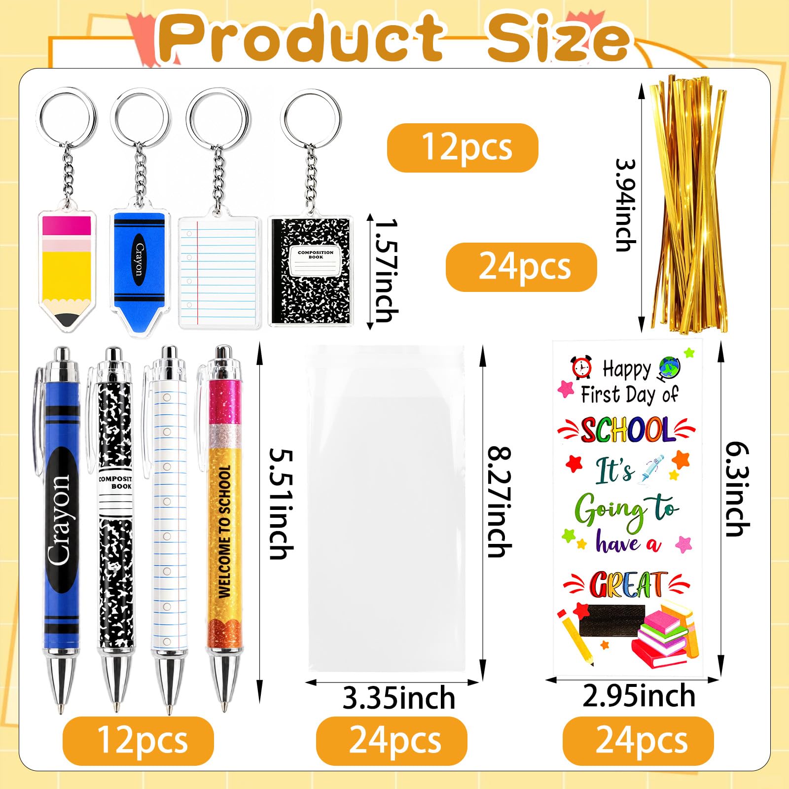 Lot de 72 cadeaux de rentrée scolaire pour étudiants, enseignants, stylos à bille, porte-clés avec cartes de vœux pour le premier jour d'école, récompenses en classe, fournitures de fête