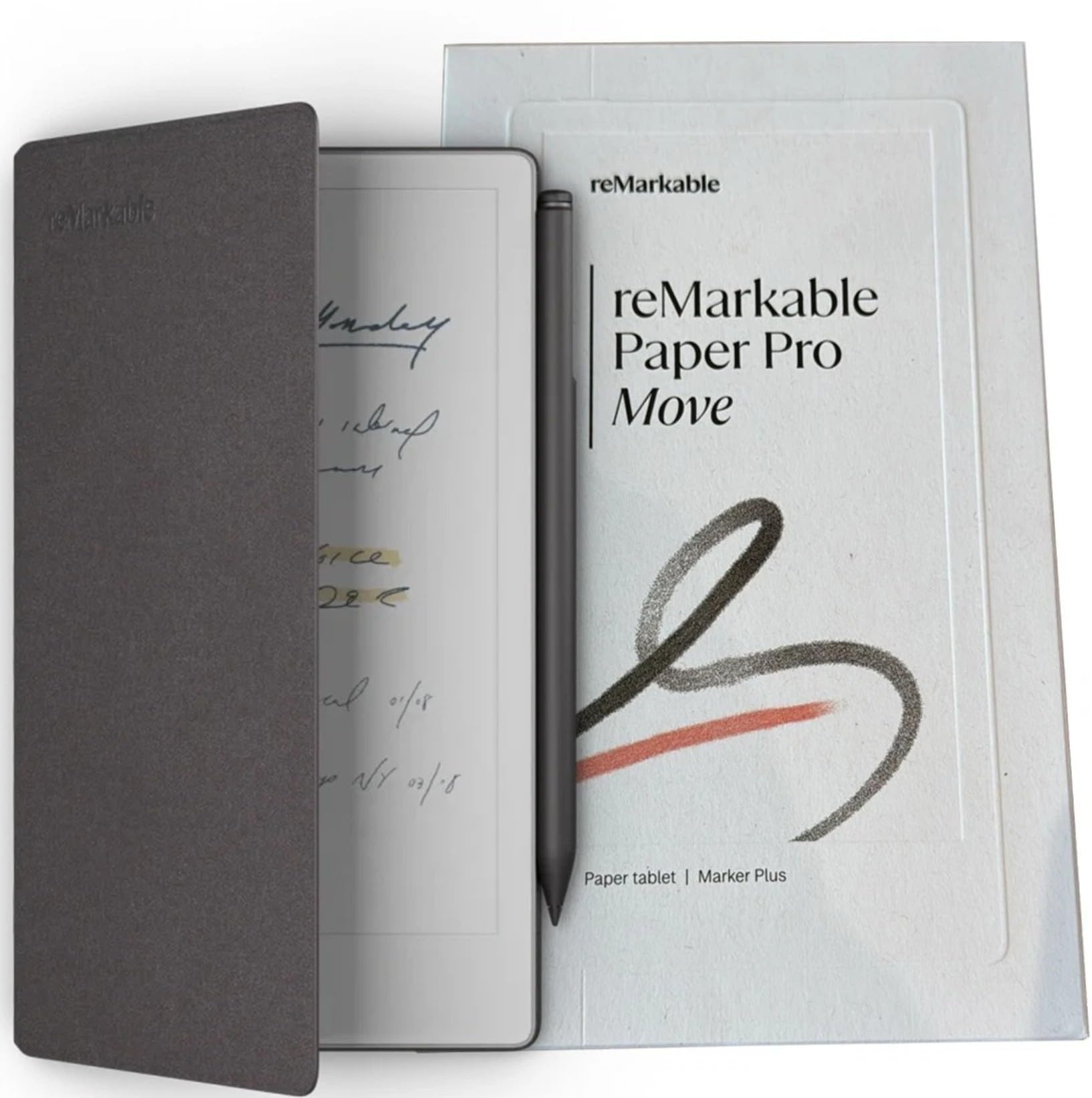 Remarkable Paper Pro Move - Bundle | Ultraportable Color 7.3" Paper Tablet with Marker Plus Pen with Eraser, and a Book Folio Cover (Basalt (Mosaic Weave))