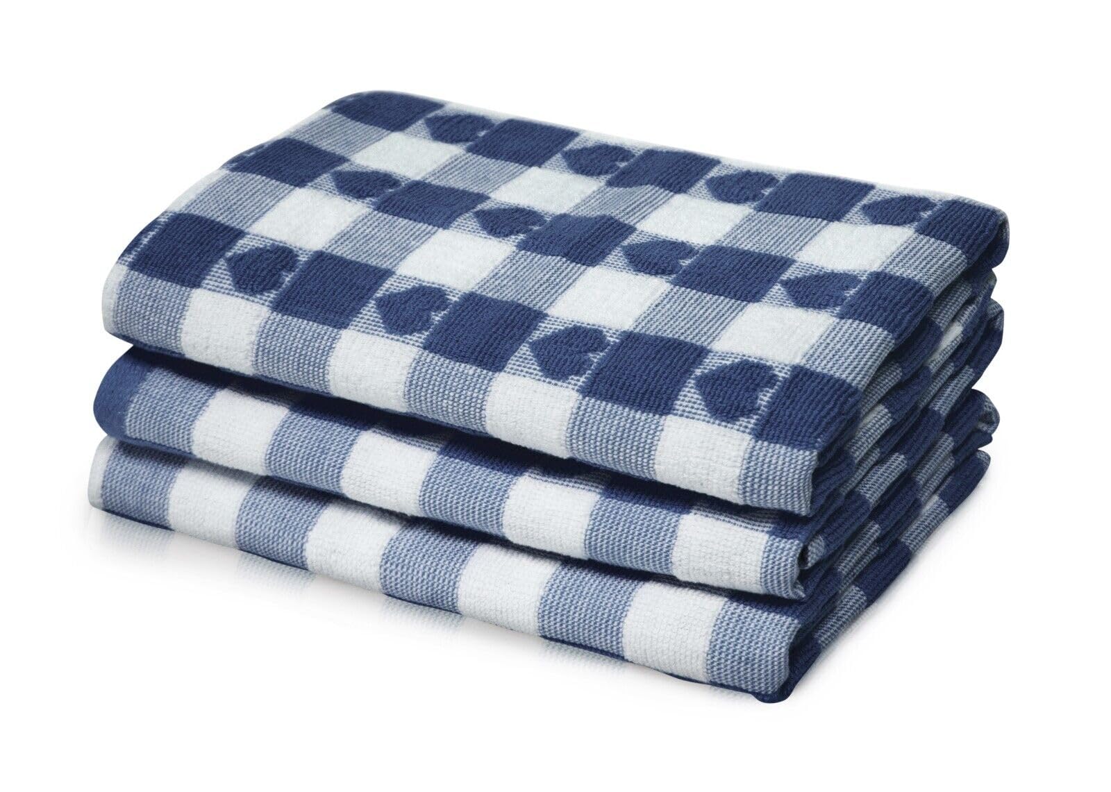 100% Cotton Pack of 4 Hearts Check Large Kitchen Tea Towels (Navy)