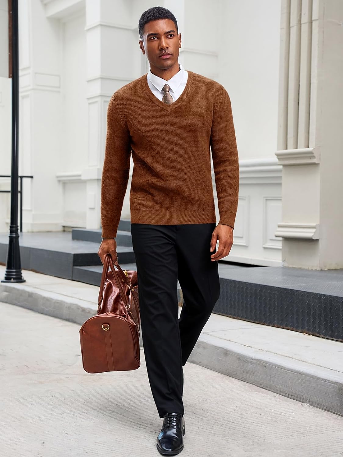 Runcati Mens V Neck Sweater Casual Waffle Knitted Pullover Slim Fit Fall Winter Basic Warm Sweaters - Image 5