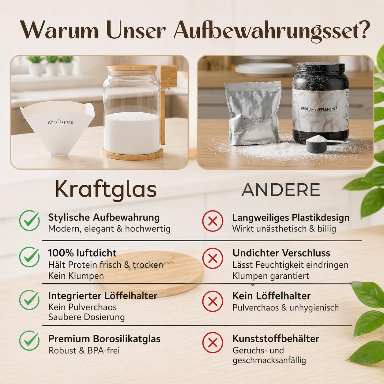 Kraftglas Whey Proteinpulver Aufbewahrung – Luftdichtes Vorratsglas 2300ml aus Borosilikatglas BPA-frei mit Deckel, Löffel, Untersetzer & Trichter – ideal für Protein & Supplements Küche, Haushalt & Wohnen