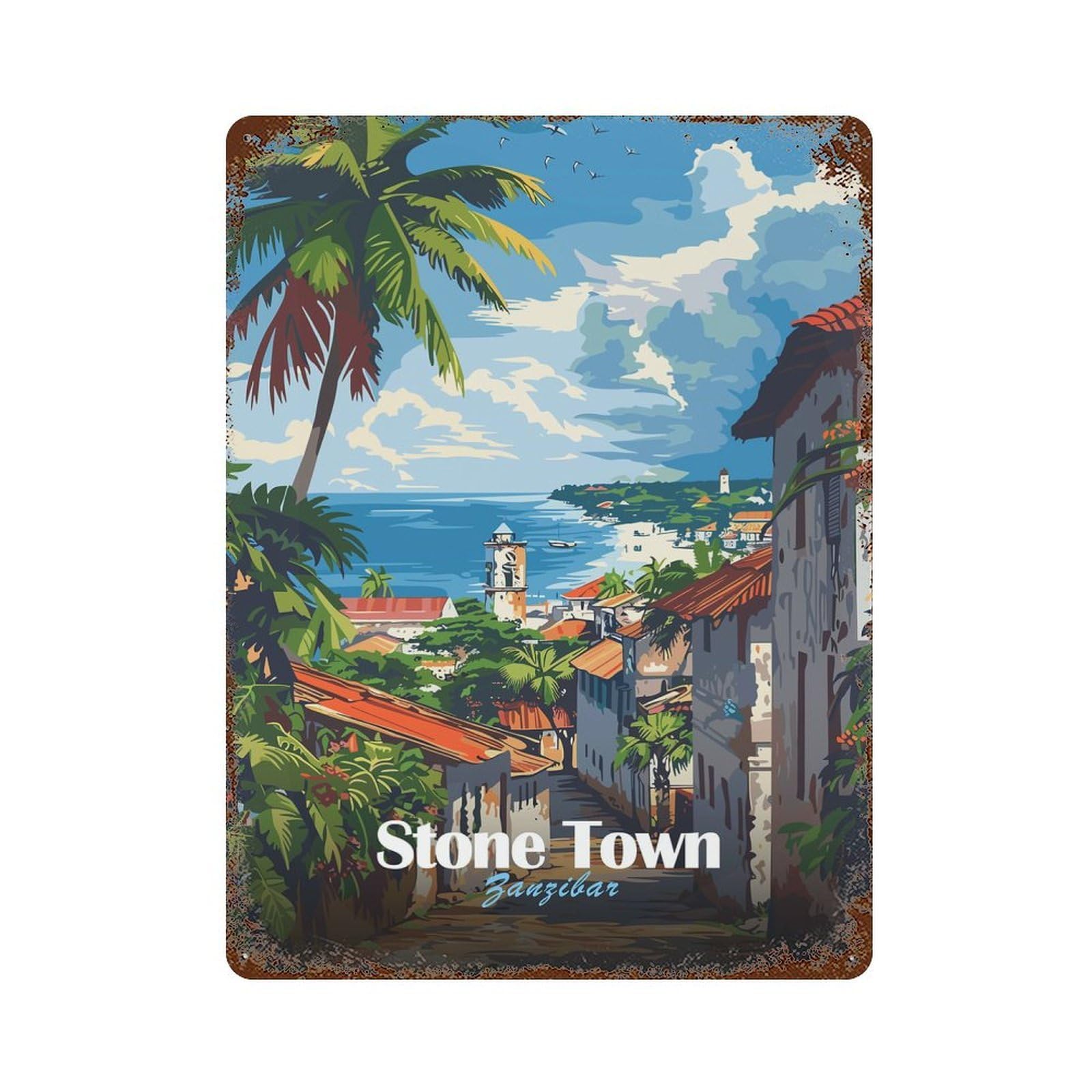 Stone Town Zanzibar 15.7"x11.8" Rust Effect Tin Sign, Decorative Metal Wall Art for Garage, Bar And Workshop Decor