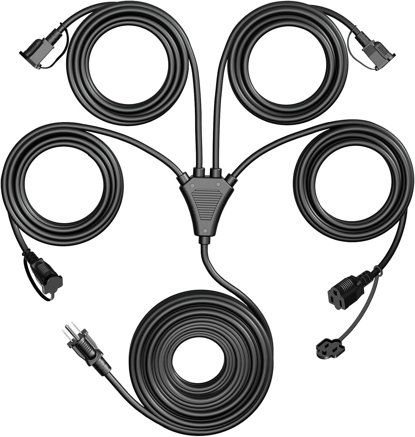 Eversimpleinc Black 1 to 4 Splitter Extension Cord (Combined 46 FT, End to End 28 FT), 3 Prong Plug with 4 Extended Outlets, with Weatherproof Covers for Indoor and Outdoor Combined 46FT 1 to 4 Splitter Black