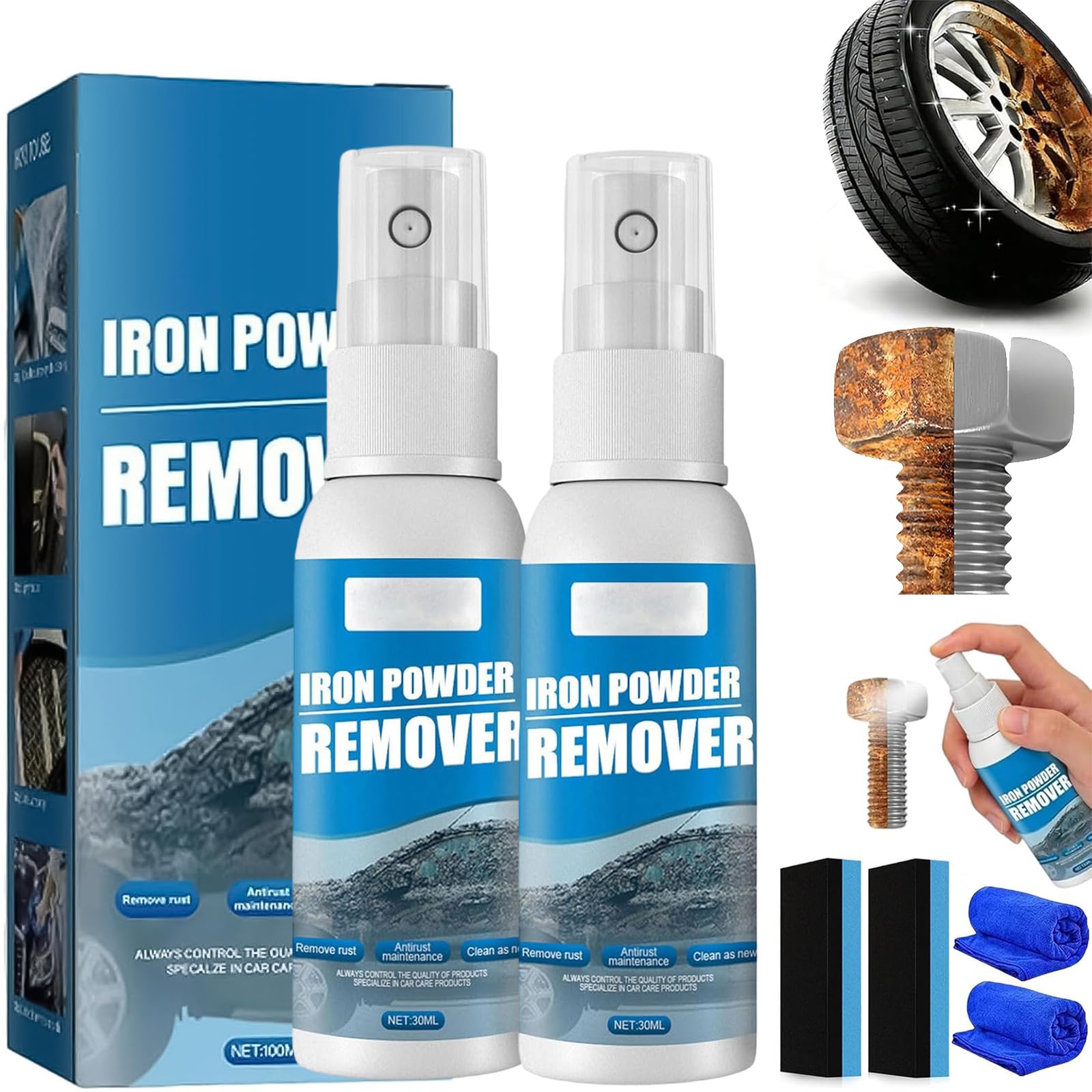 Multi-Functional Quick-Acting Rust Removal Spray, Portable Rust Remover Spray for Metal, Iron Powder Remover Sprays, Fast-Acting Formula & Easy Application, for Cars Metal Surfaces (30mi*2pcs)