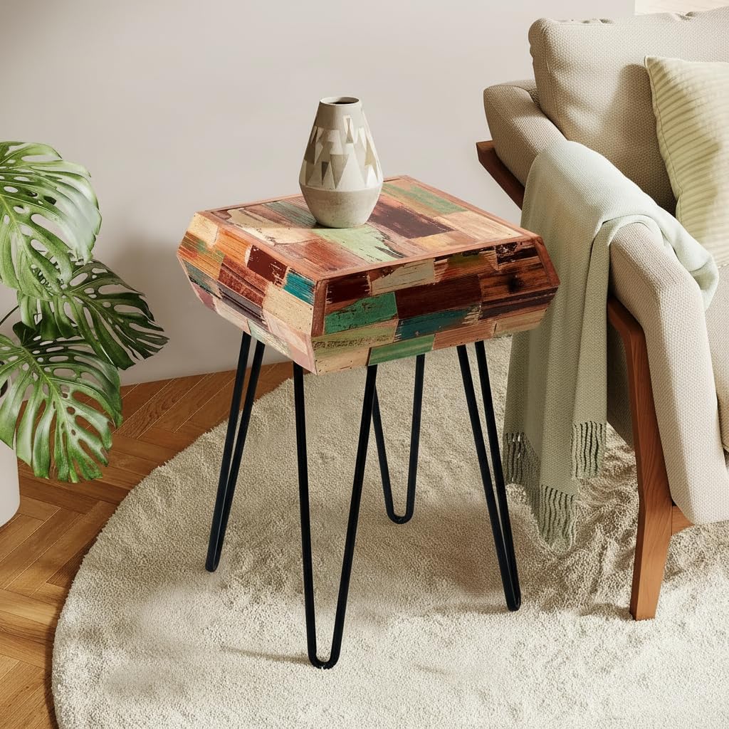 Multicolor Square Wood Drum Side Table 14" x 14" x 20" H Reclaimed Wooden Coffee End Table Vintage Handmade Accent Table Rustic Plant Stand Living Room Bedroom Patio Home Decor Outdoor