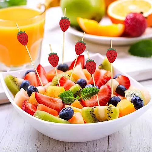 Miniatura 6 de Honbay 100 piezas de palillos de bambú de fresa para cóctel, palillos de frutas divertidos, sándwich, aperitivo, brochetas para decoración de bodas,