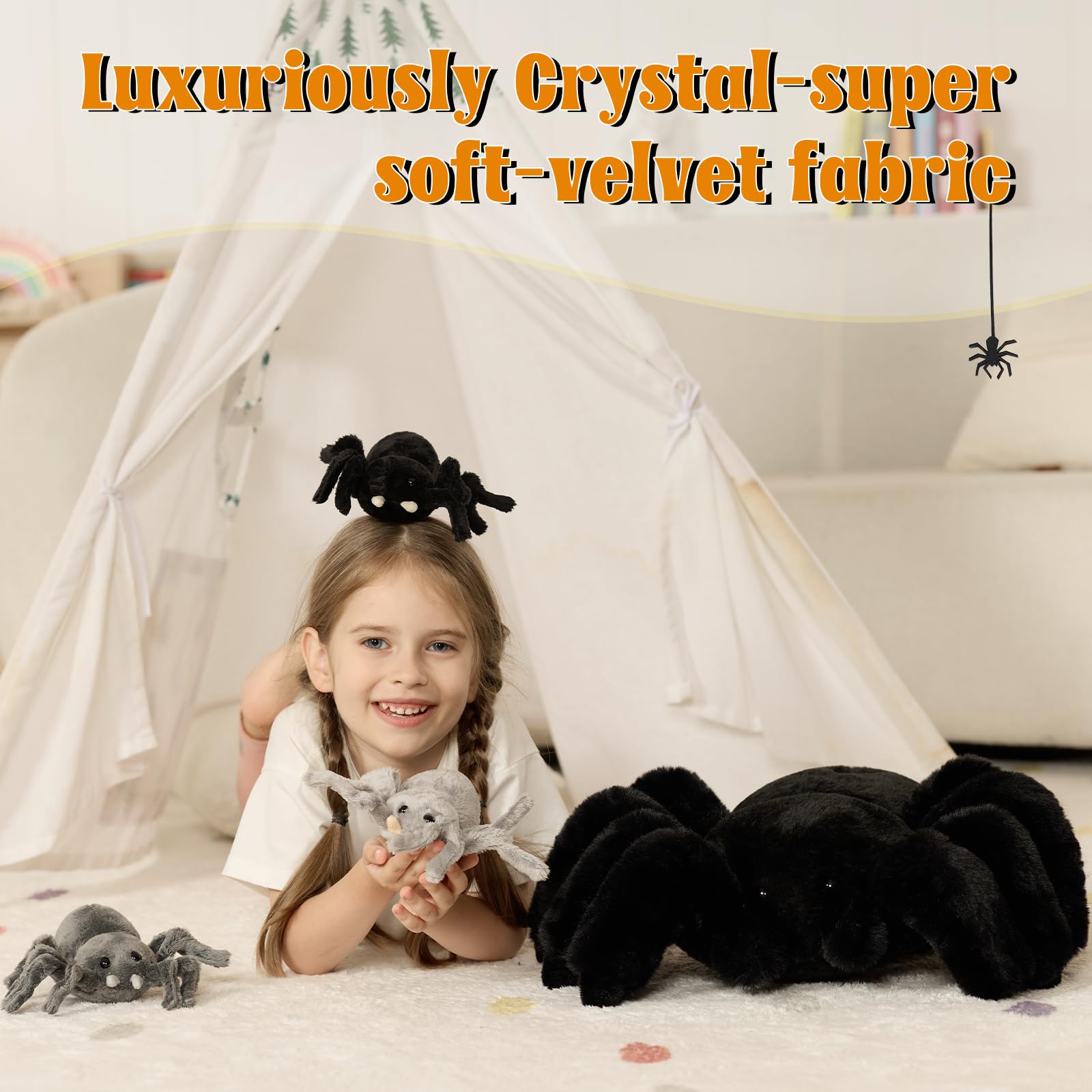 MorisMos 40cm Riesen Schwarz Spinne Kuscheltier, XXL Spinne Plüschtier mit 3 Baby im Bauch, Kawaii Groß Stofftier Weich Spielzeug, Großes Geburtstag Weihnachten Geschenk für Kinder