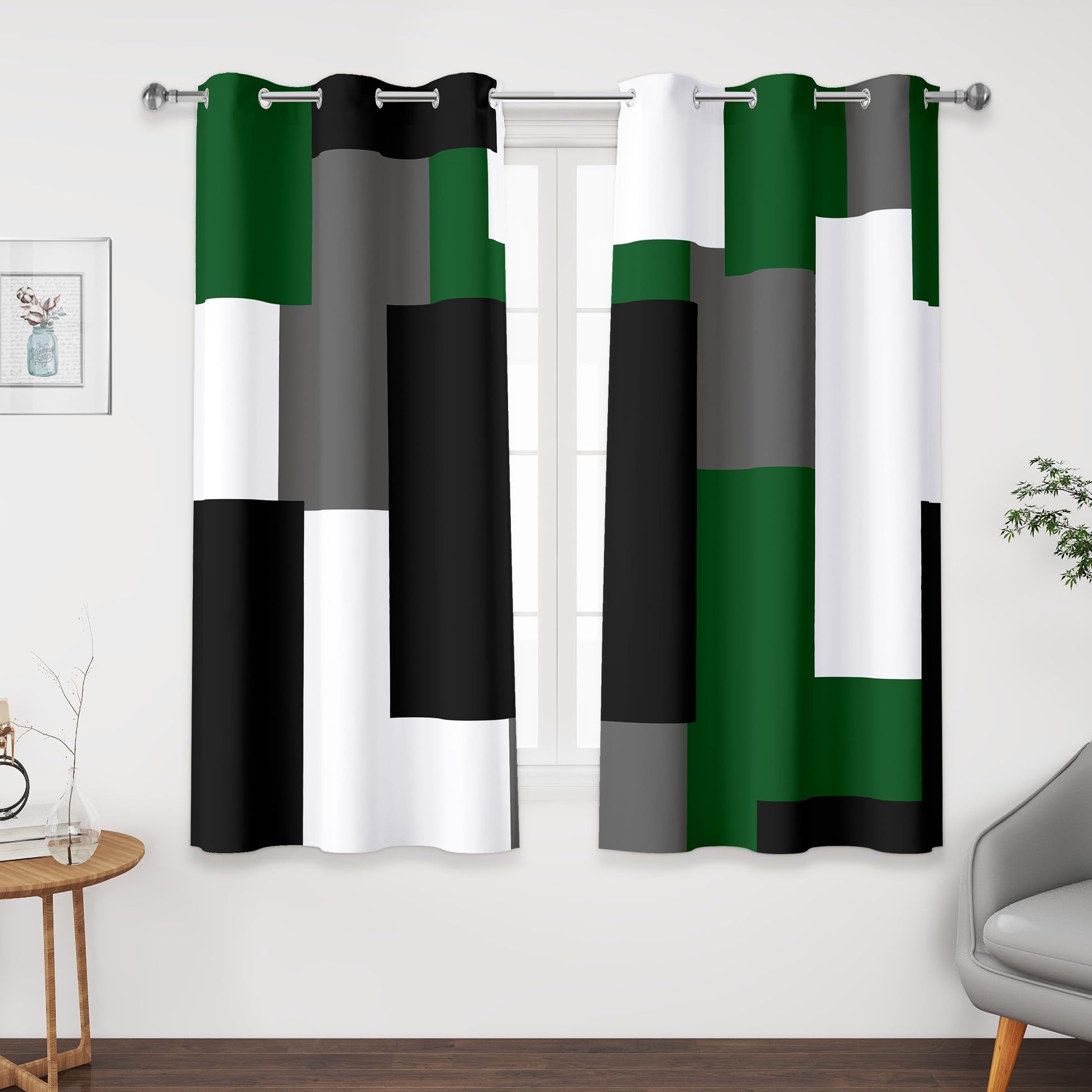 Tyrot Green 100% Blackout Curtains 45 inch Length 2 Panels Set White Grey Modern Abstract Geometric Drapes for Kitchen Black Out Curtains Insulated