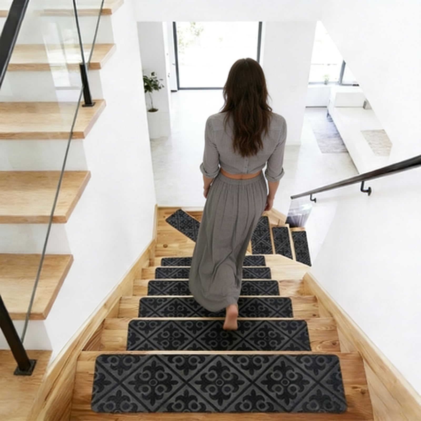 Hcosmy 10 PCS Stair Treads Carpet, Non-Slip Wood Stair Treads Rugs Anti Moving Modern Stair for Indoor, Runners for Kids Dogs, Self Adhesive Stair Mat for Kids and Dogs, 76 X 21cm (D-Grey)