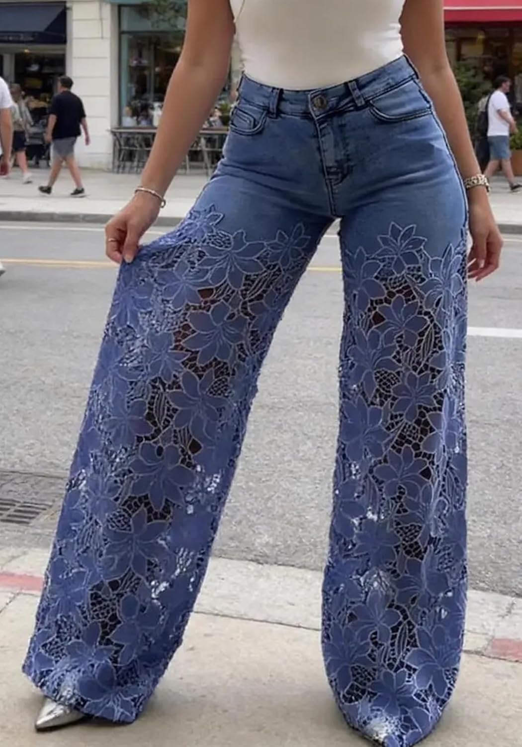 Molisry Women's Lace Floral Jeans Embellished Jeans Hollow Out Straight Leg Trendy Denim Baggy Pants