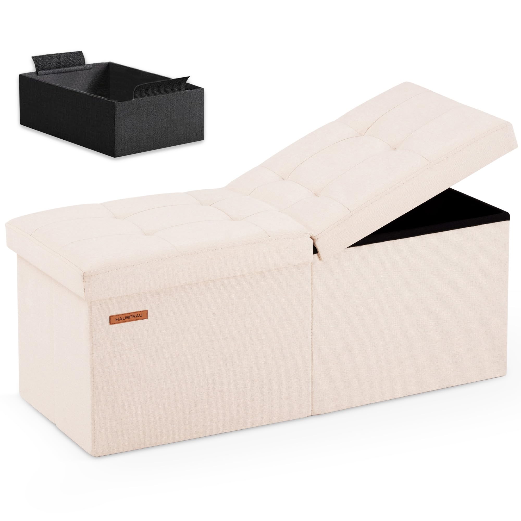 HAUSFRAU 31.5 Inches Ottoman with Storage, Folding Ottoman Small Foot Rest Stool Bedroom Bench with Flipping Lid, Linen Beige