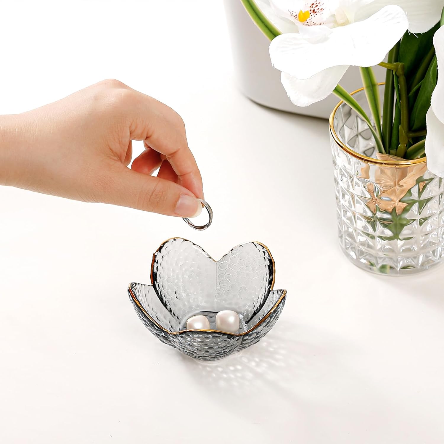 Grey Flower Jewelry Dish Glass Ring Dish Jewelry Tray Cute Vanity Organizer Room Decor Aesthetic Nightstand Bathroom Decor Trinket Dish Ring Holder Dish House Warming Gifts Stocking Stuffers for Women