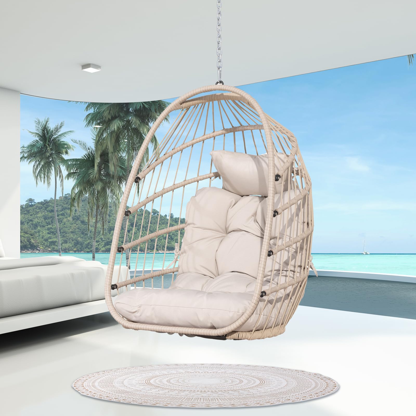 NICESOUL Egg Chair Without Stand Indoor Outdoor, Comfy Patio Wicker Hanging Chair with Cushion, 300lbs Swing Hammock Egg Basket Chairs, All Weather Ceiling/Tree Chairs for Balcony, Beige NO Stand