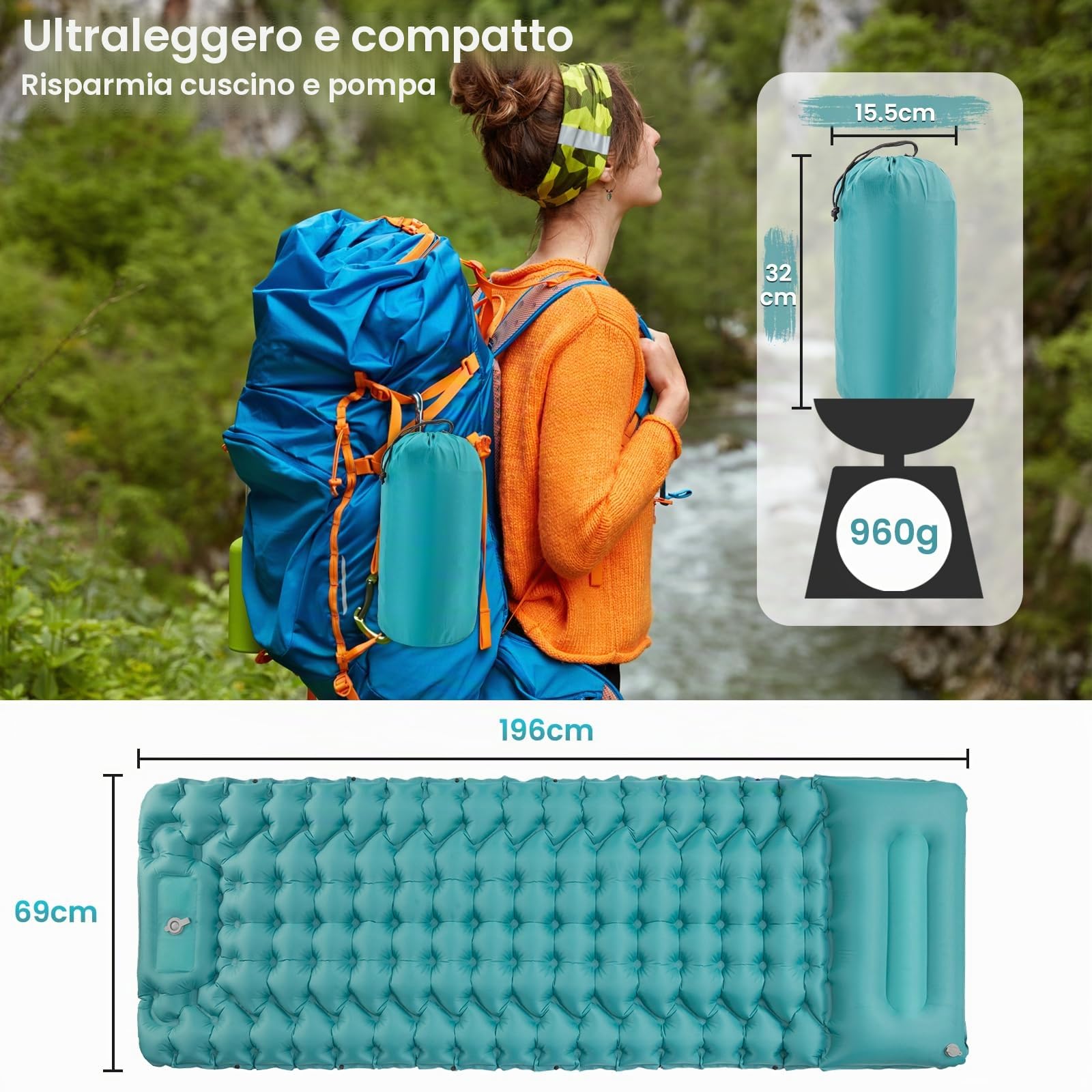 Satisure Materassino impermeabile da campeggio, materassino gonfiabile, materasso da campeggio, per esterni, ultraleggero ad aria con pompa, materassino pieghevole con cuscino, amaca gonfiabile ad