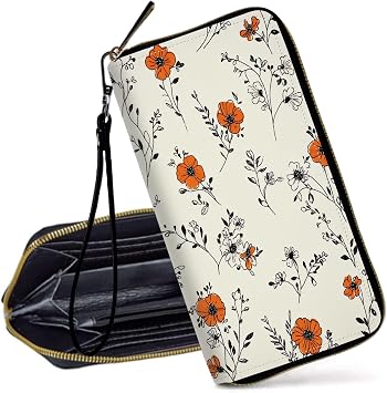 RFID Blocking Wristlet Wallet for Women Slim PU Leather Zipper Clutch, Cute Credit Card Holder Purse with Wrist Strap for Ladies,Orange Floral