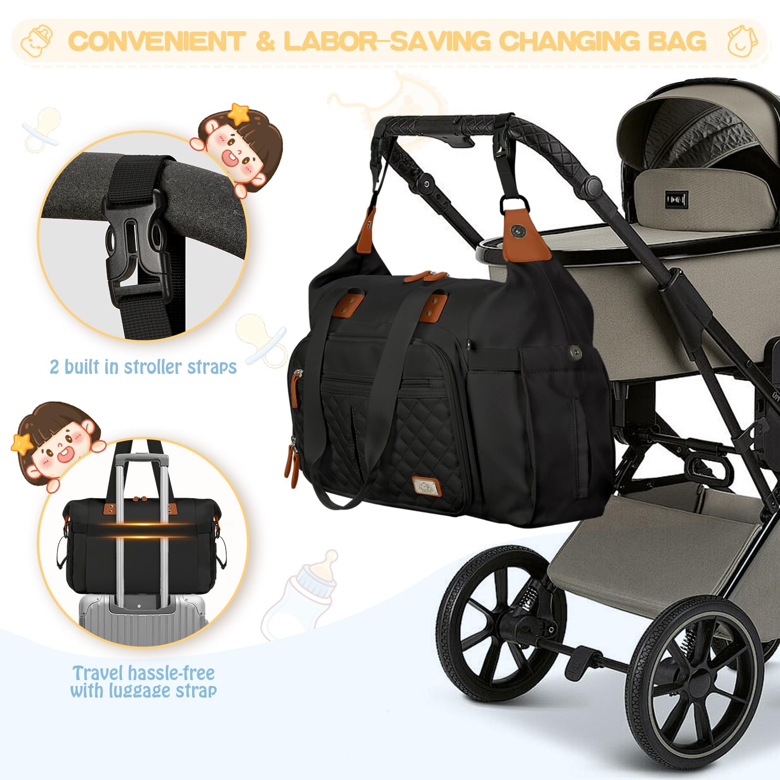 RINSMORE Borsa Fasciatoio Neonato Bambini per Passeggino con Fasciatoio Portatile e Ganci Passeggini Impermeabile Multifunzionale Borsa Mamma e Papà