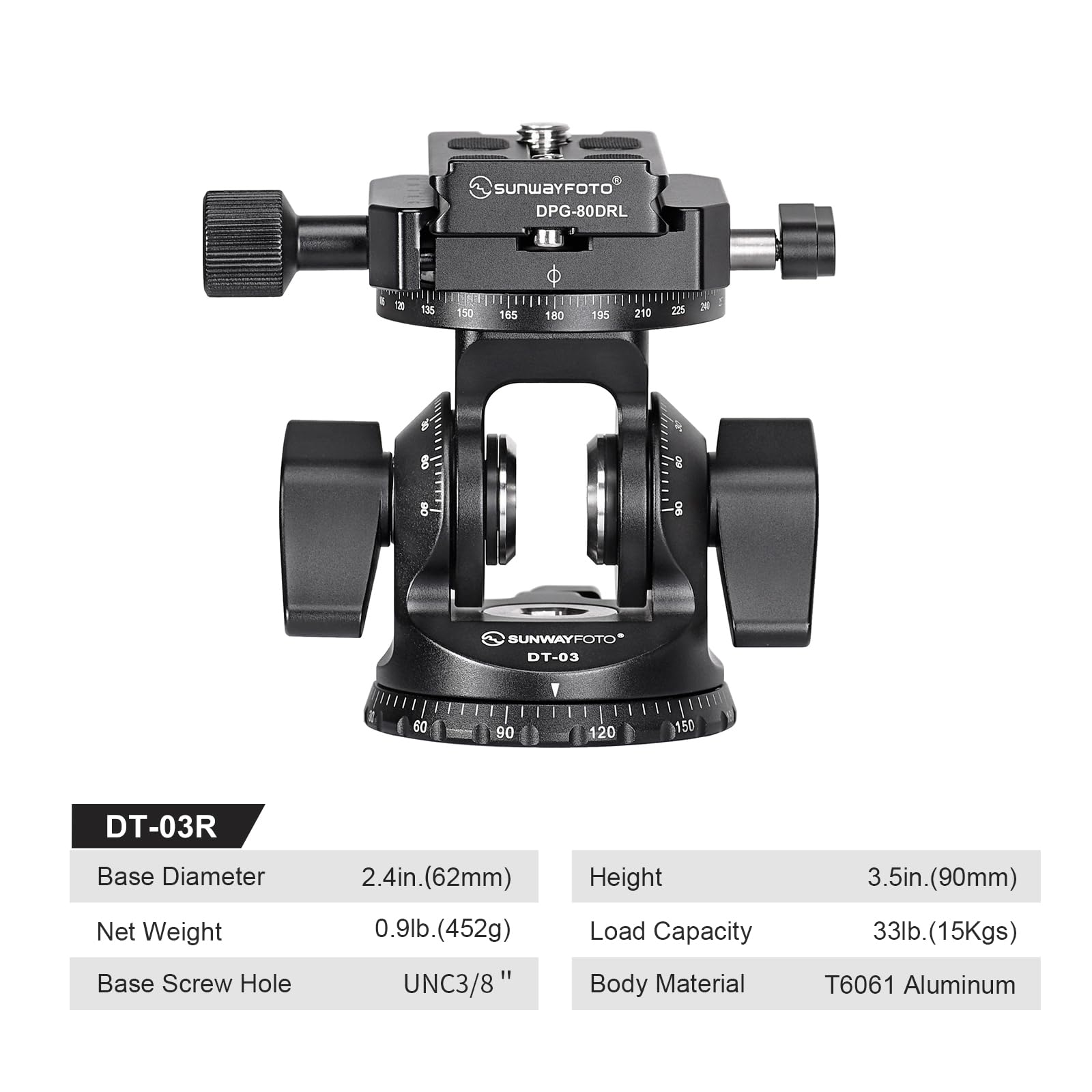 SUNWAYFOTO DT-03R - Testa inclinabile bidirezionale per monopiede e treppiede con morsetto di rotazione panoramica, capacità di carico 6,8 kg