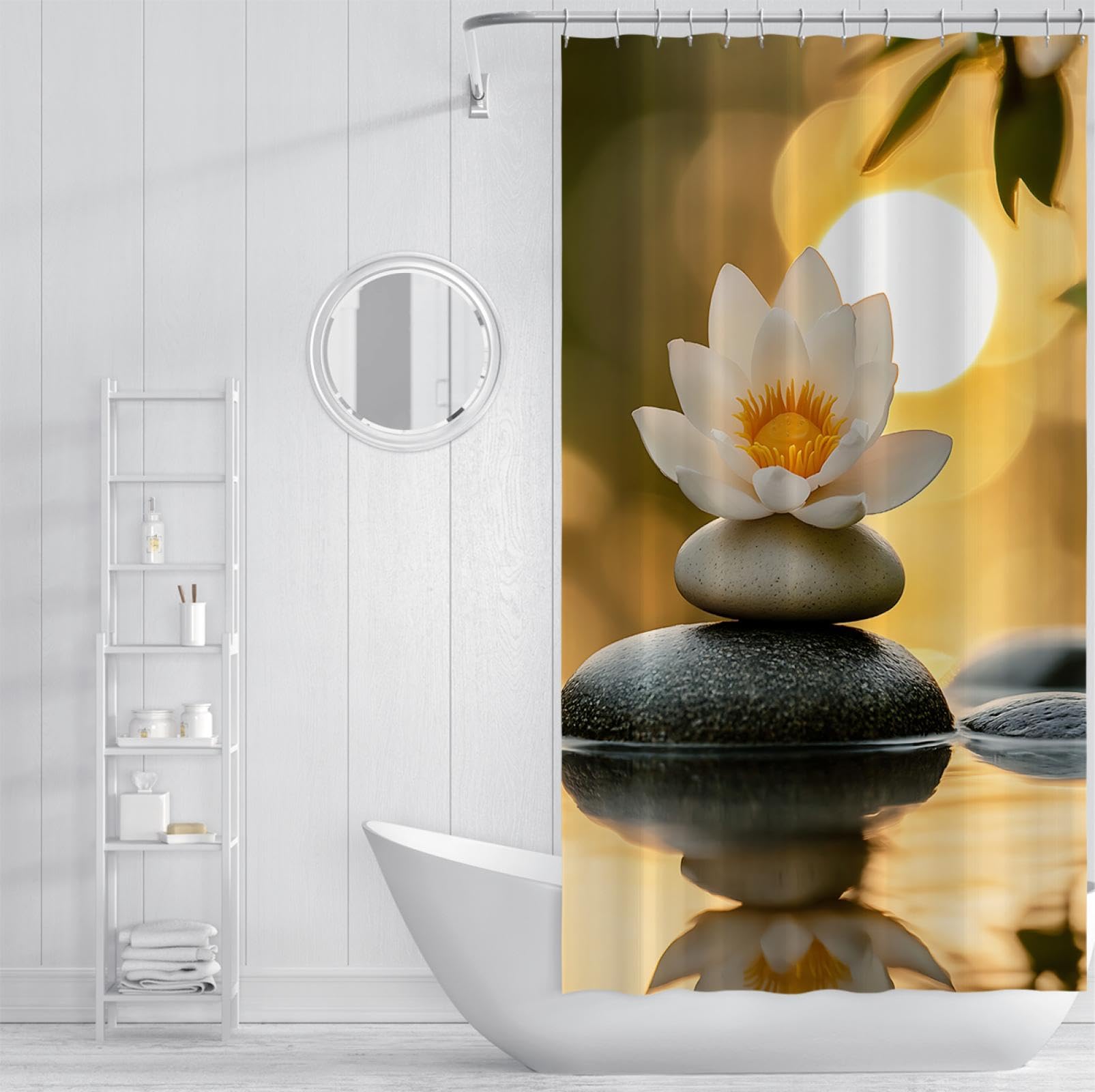 Coucher Soleil crépuscule Rideau Douche Lotus Pierres équilibrées Étang Rideaux Bain Douche pour hôtel Spa Salle Bain Décoration Étanche Séchage rapi200 x 240 cm