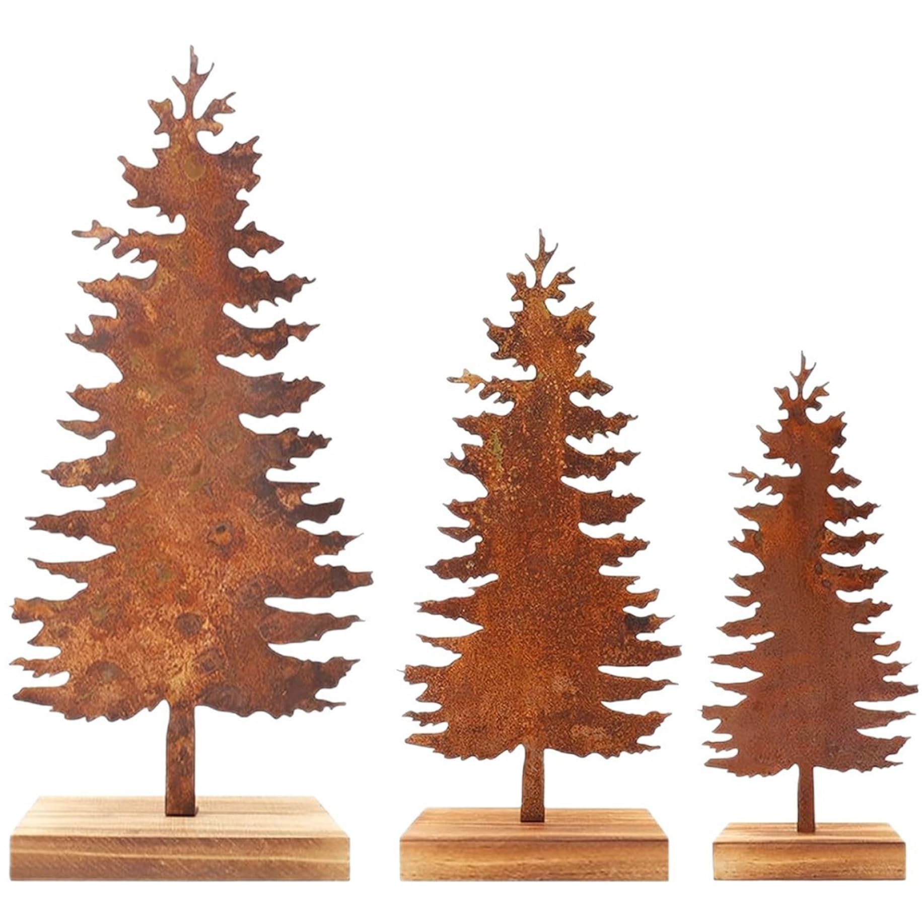 Gcroet 3PCS Vintage Christmas Tree 3 Sizes Rustic Metal Christmas Tree with Wooden Base for Xmas Holiday Fireplace Shelf Tables Centerpieces.