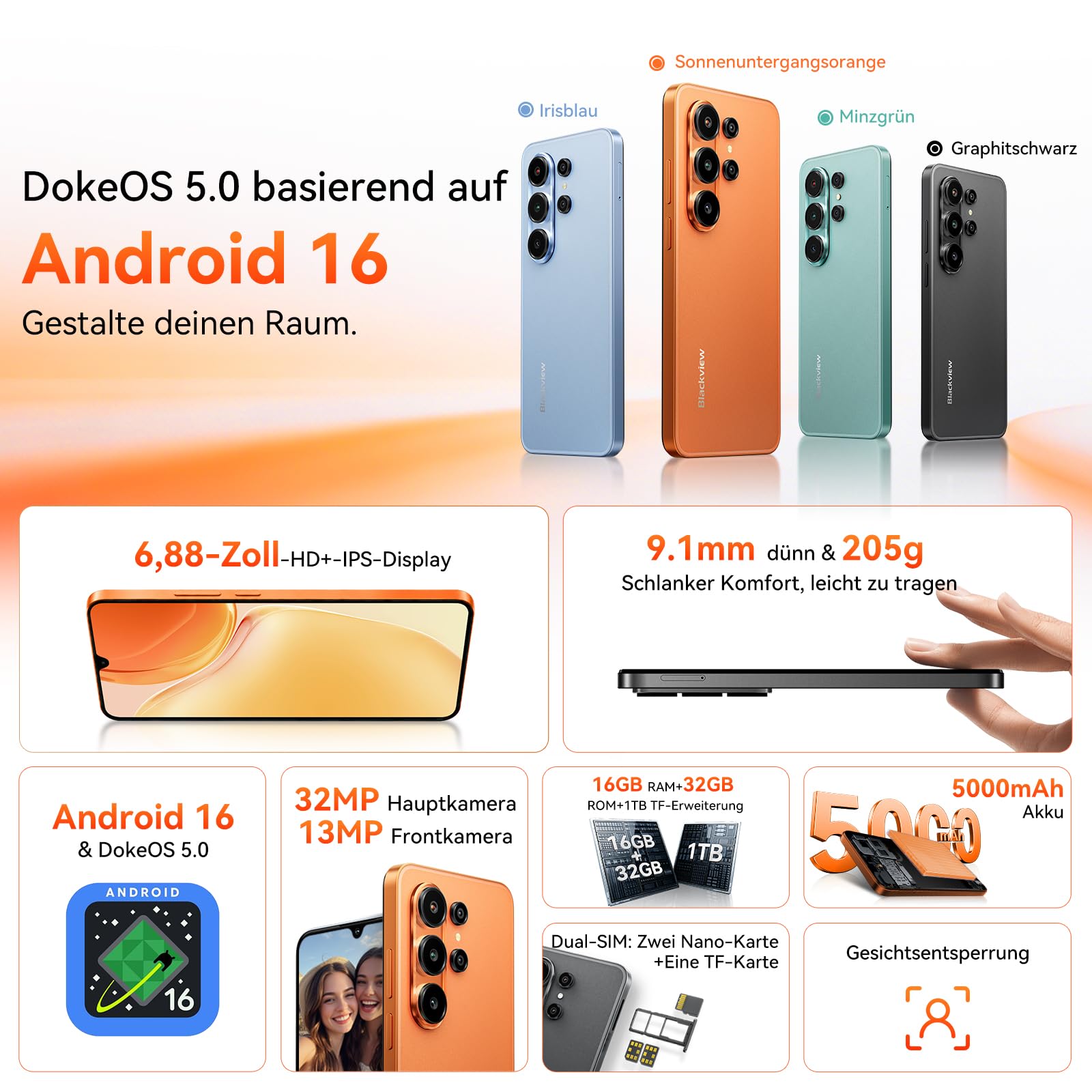 Blackview Wave 10C Handy Ohne Vertrag, 6,88" HD+ IPS Android 16 Smartphone, 16GB+32GB/1TB,32MP+13MP, 5000mAh,4G Dual SIM Smartphones,Face ID/GPS/OTG/3.5mm/3 Jahre Garantie, Schwarz