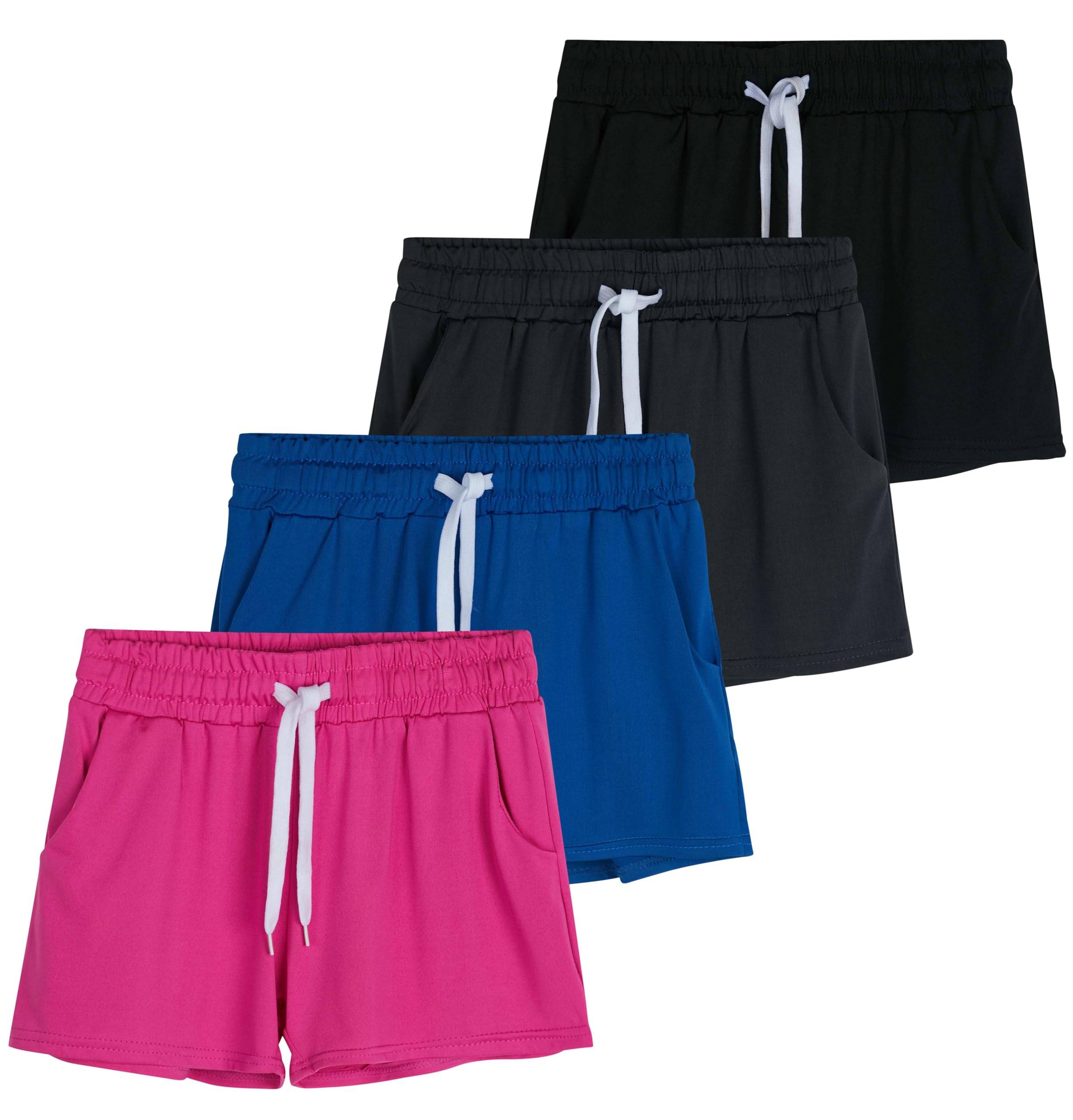 Real Essentials 4 Pack: Girls Athletic Performance Dry-Fit Running Shorts with Drawstring & Pockets