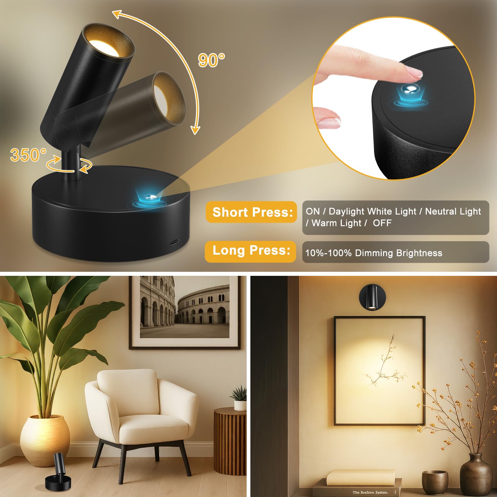 Kimjo LED Aplique Pared Interior sin Cable Recargable, Negro Focos de Pared de Interior a Pilas, USB Lámpara de Pared Regulable con Mando a Distancia para Planta Obra de Arte Salón Dormitorio, 2 Pieza