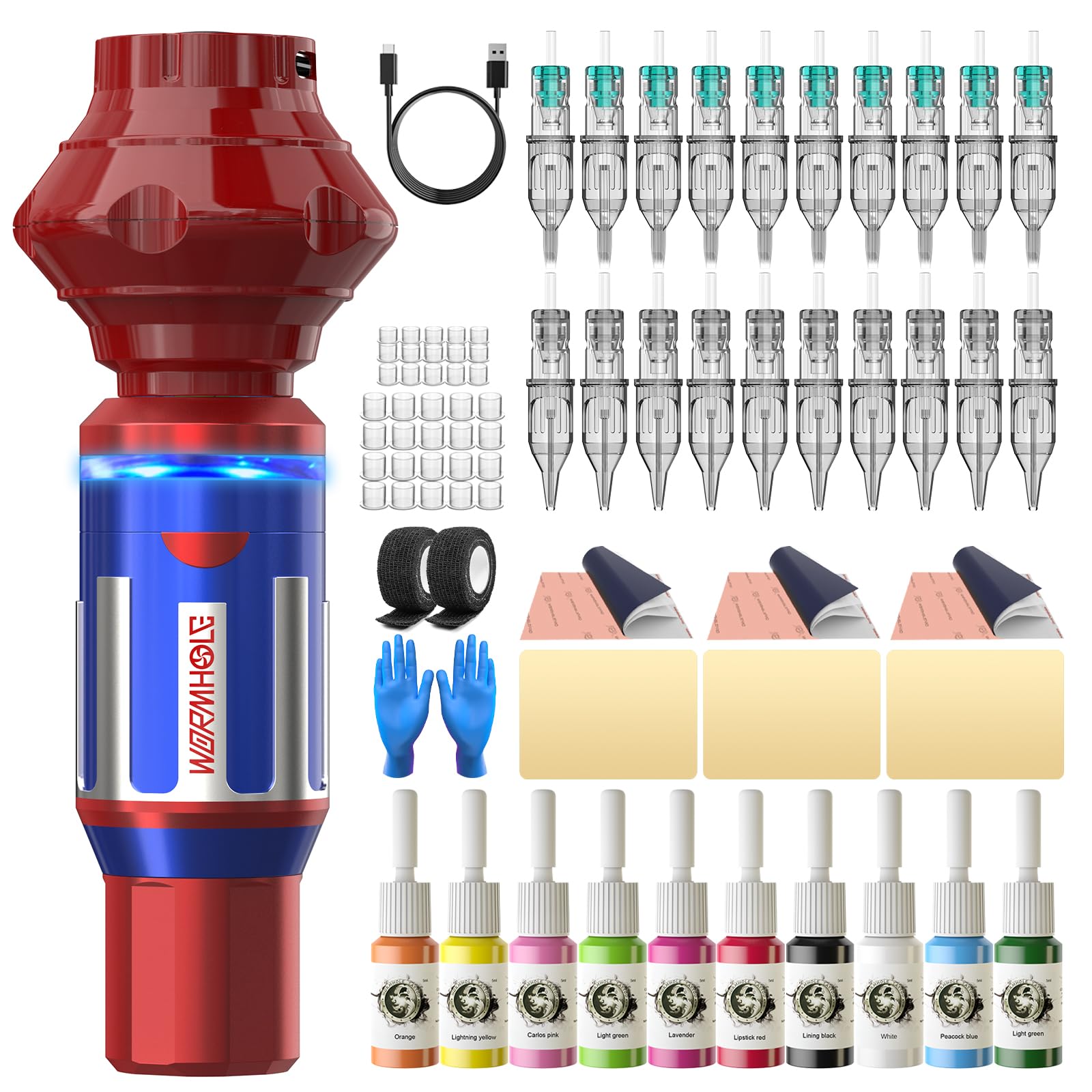 Wormhole Wireless Tattoo Machine Kit Tattoo Practice Kit Wireless Tattoo Gun with 1,050 mAh Capacity Power Supply Tattoo Pen Kit WTK410