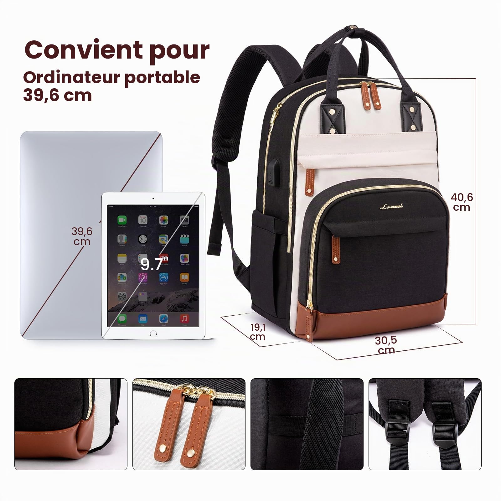 LOVEVOOK Sac à dos avec compartiment pour ordinateur portable - 39,62 cm - Étanche - Antivol - Pour femmes, filles, garçons, adolescents - Pour l'école, les voyages, le travail, beige noir