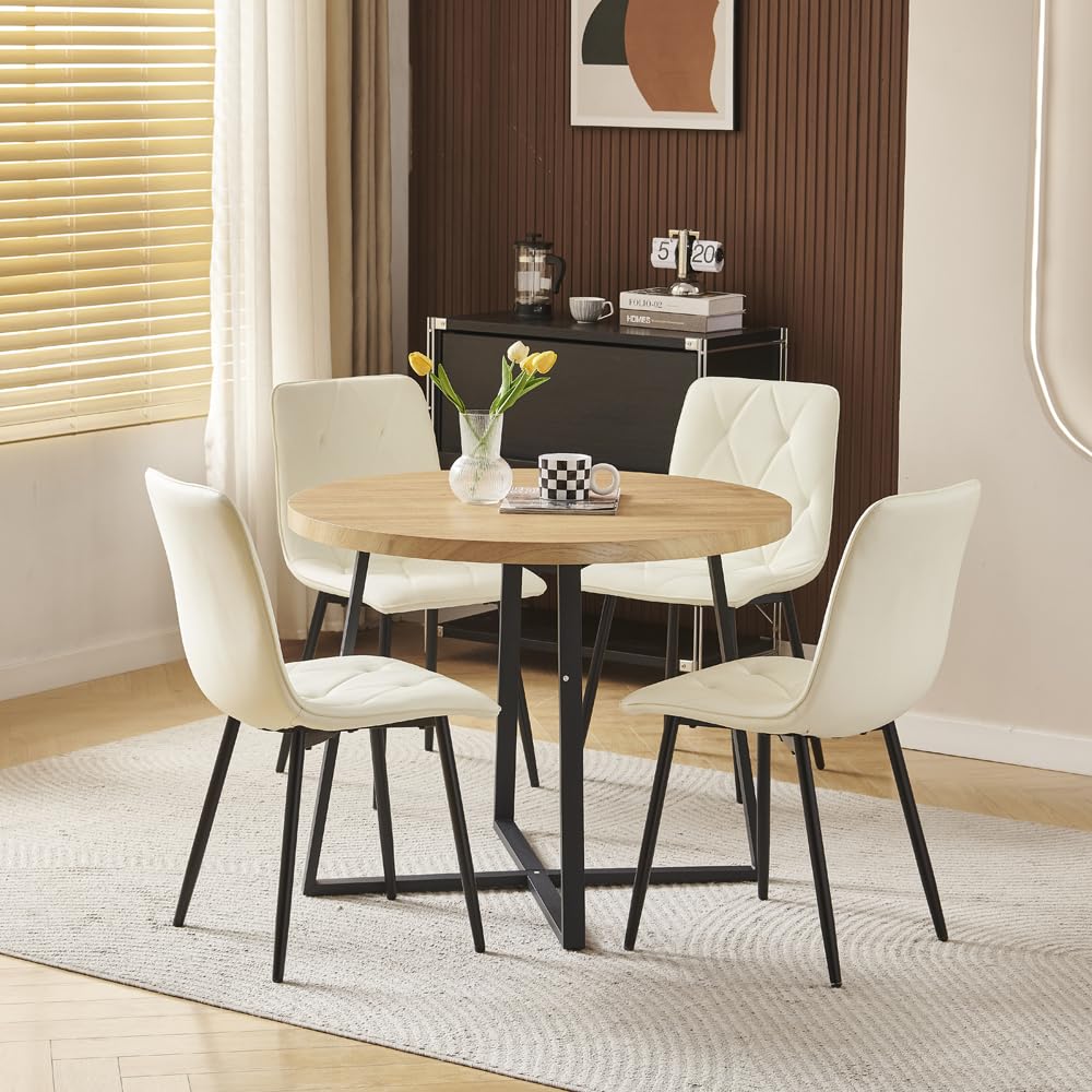 Menaka Round Dining Table and Grey Leather Chairs Set of 4 for Small Space,5 Pieces Oak Wood Kitchen Table with 4 Chairs for Compact Dinette Restaurant โ image 1