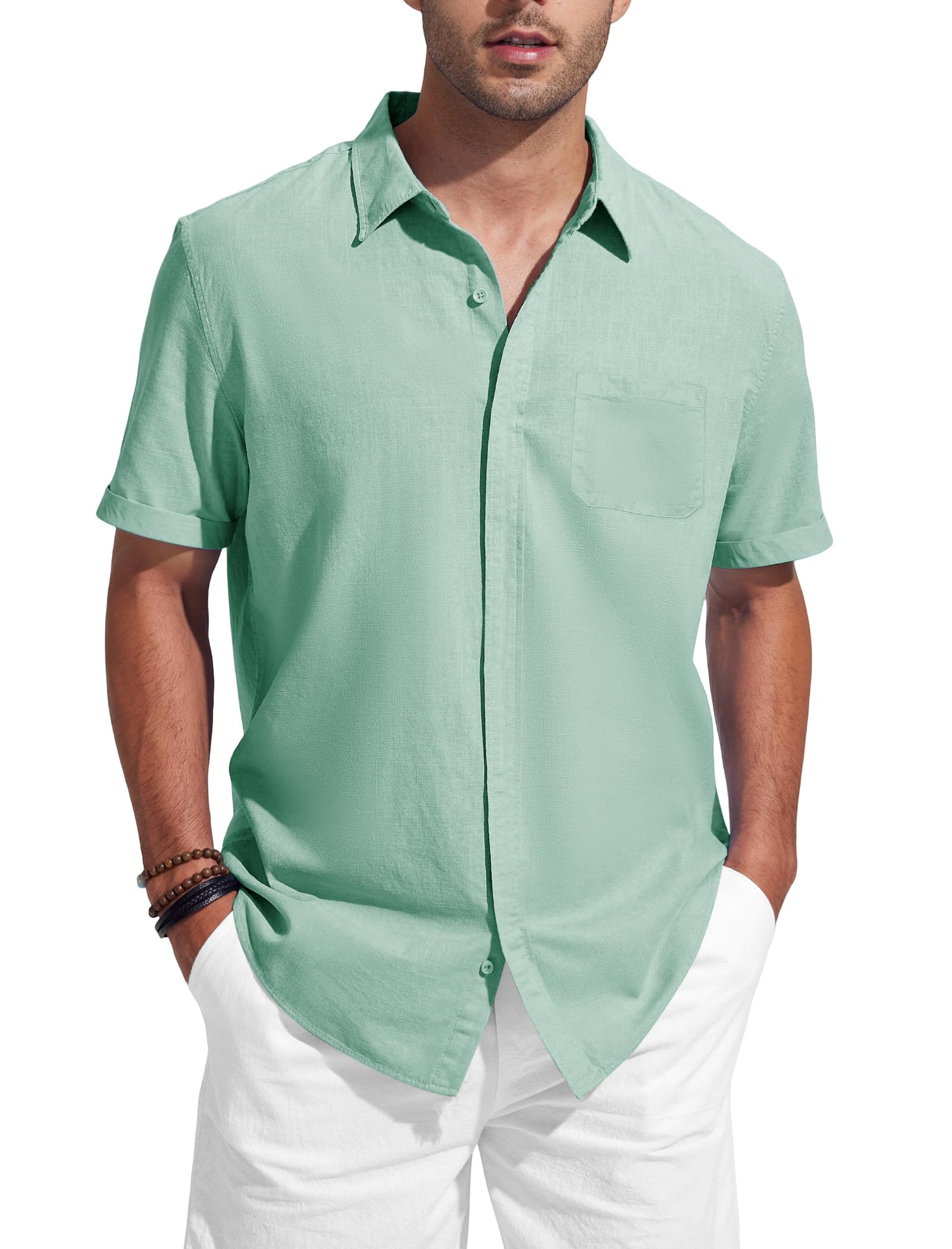 Friptspyg Leinenhemd Herren mit Tasche Baumwolle leinen Hemden Herren Kurzarm Sommerhemd mit Versteckten Knöpfen Casual Alltag Strand