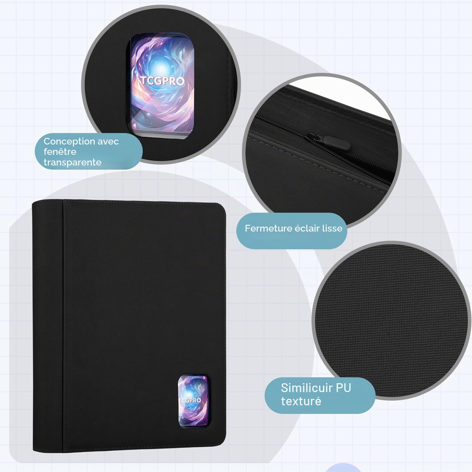 TCGPRO Toploader Classeur avec fenêtre pour 360 cartes dans des pochettes rigides de 8,6 x 10,16 cm, 9 poches latérales et fermeture éclair, compatible avec MTG, TCG, cartes de sport, etc. Noir