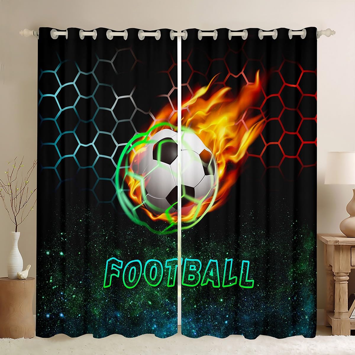 Manfei Football Window Curtains Blue Red Honeycomb Window Treatments, Soccer Sports Theme Window Drapes for Kids Boys Adults Room Decor Grommet Top 2 Panel Set Bedroom Curtains, 42Wx84L inch