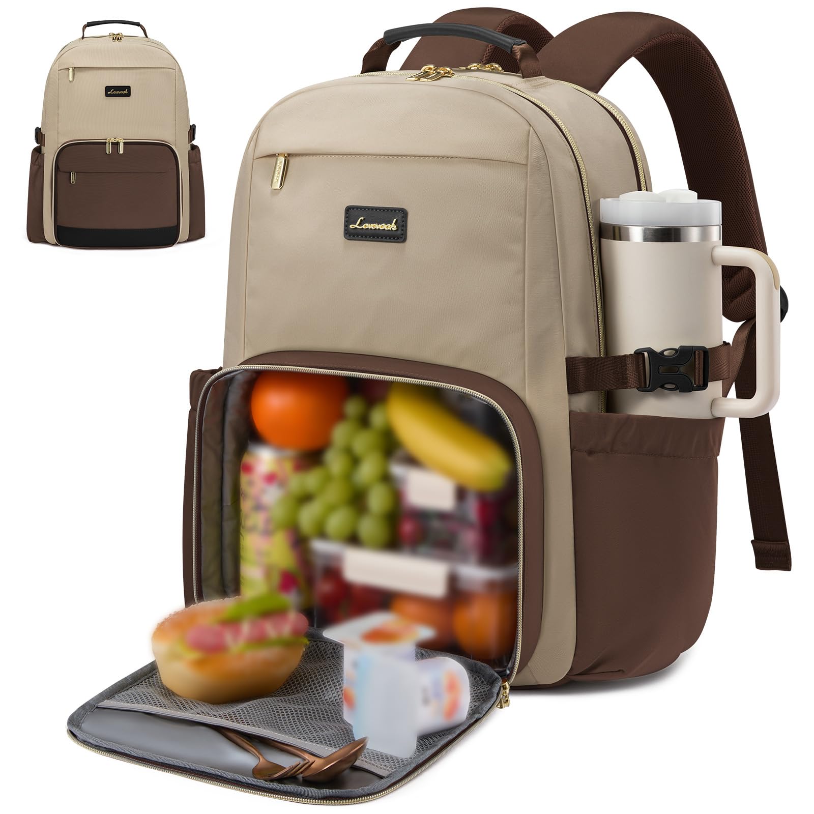 LOVEVOOK Lunch Backpack with Lunch Compartment,15.6Inch Laptop Work Travel Insulated Cooler Backpack,Waterproof College Teacher Lunch Bag Box with Tumbler Holder,Gifts for Men Women,Khaki-Coffee-Black
