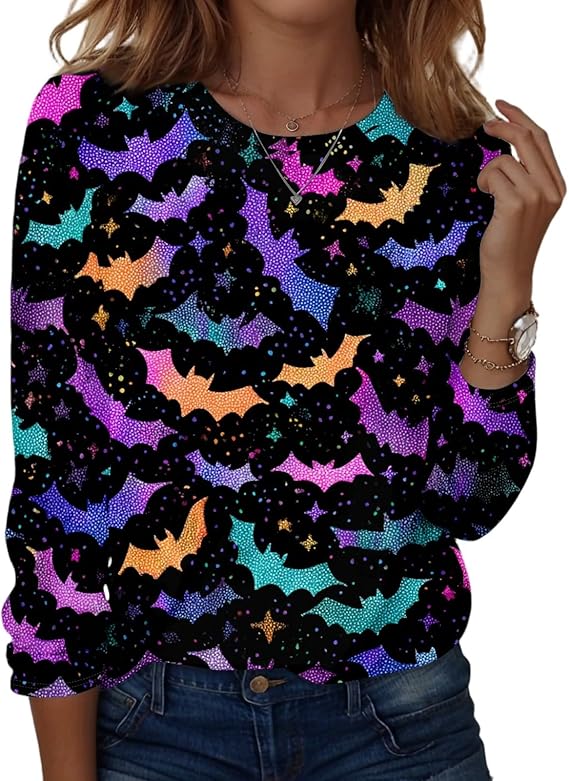 Halloween Shirts for Women Long Sleeve Plus Size Fashion Crewneck Comfortable Tshirts Halloween Costumes for Women