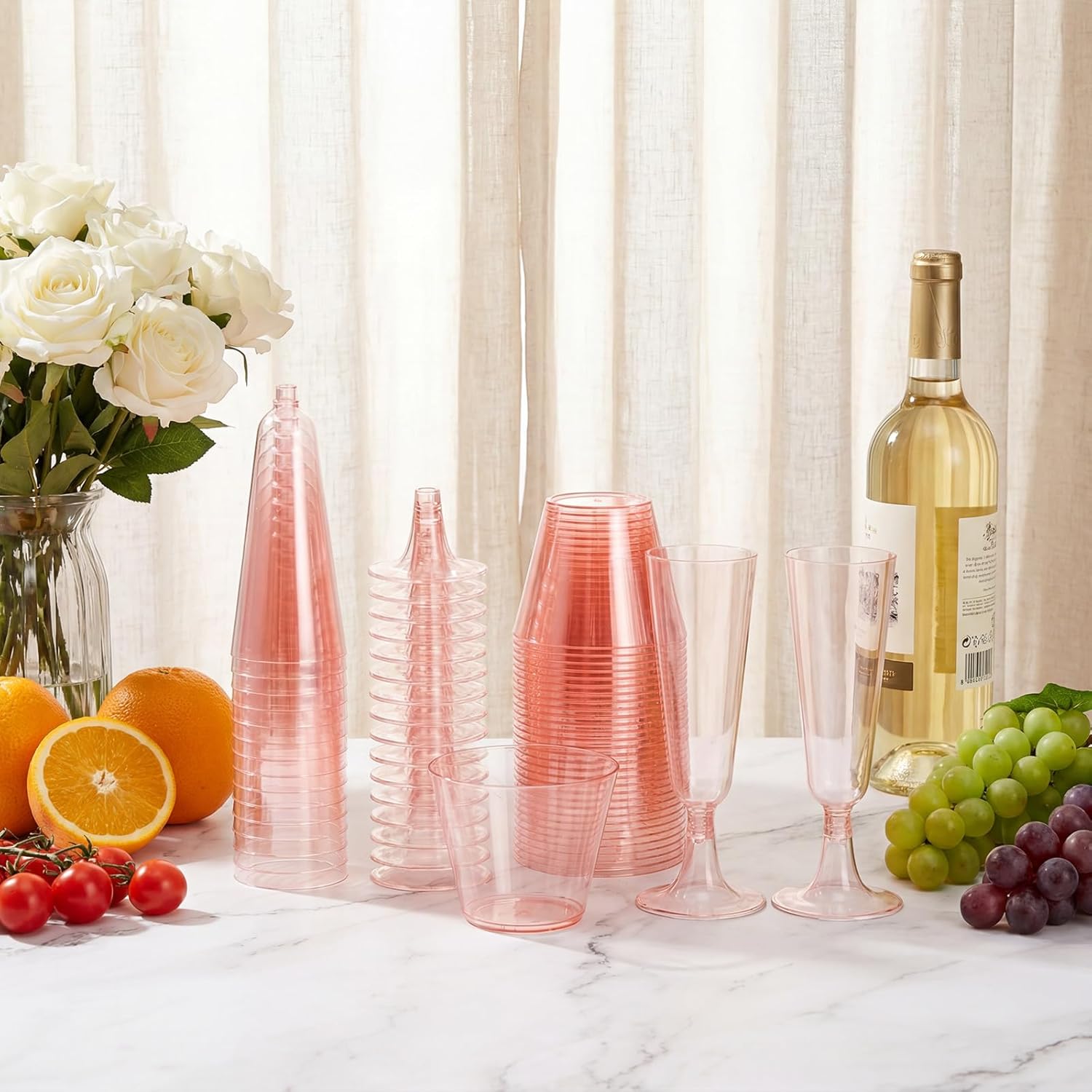 160 Pack Champagne Flute and Clear Plastic Cup, 60 Pcs 5 oz Champagne Wine Glasses Disposable 100 Pcs 9 oz Hard Drinking Cups Bulk for Engagement Birthday New Years Eve Party(Pink)