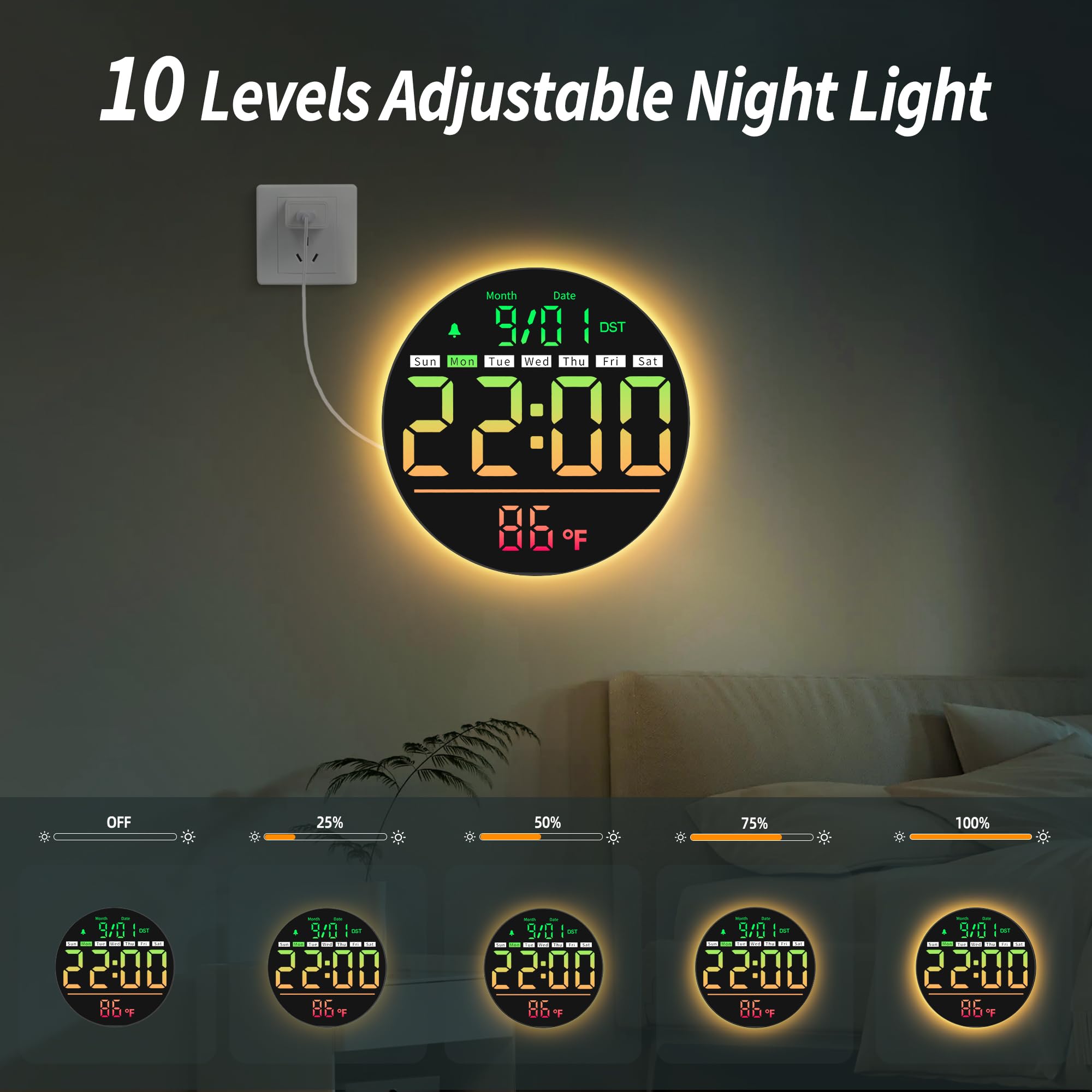 Horloge Murale Numérique LED 8 Pouces - Veilleuse RGB, Alarme, Température, Télécommande