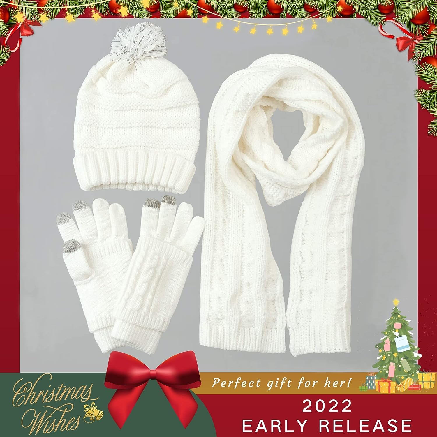 OROOTL Mütze, Schal & Handschuh Sets für Damen Winter, Touchscreen-Handschuhe Bommelmütze Handschuh Gestrickt Beanie Schnee Hut Warme Winterset 3 IN 1 für Mädchen, Frauen
