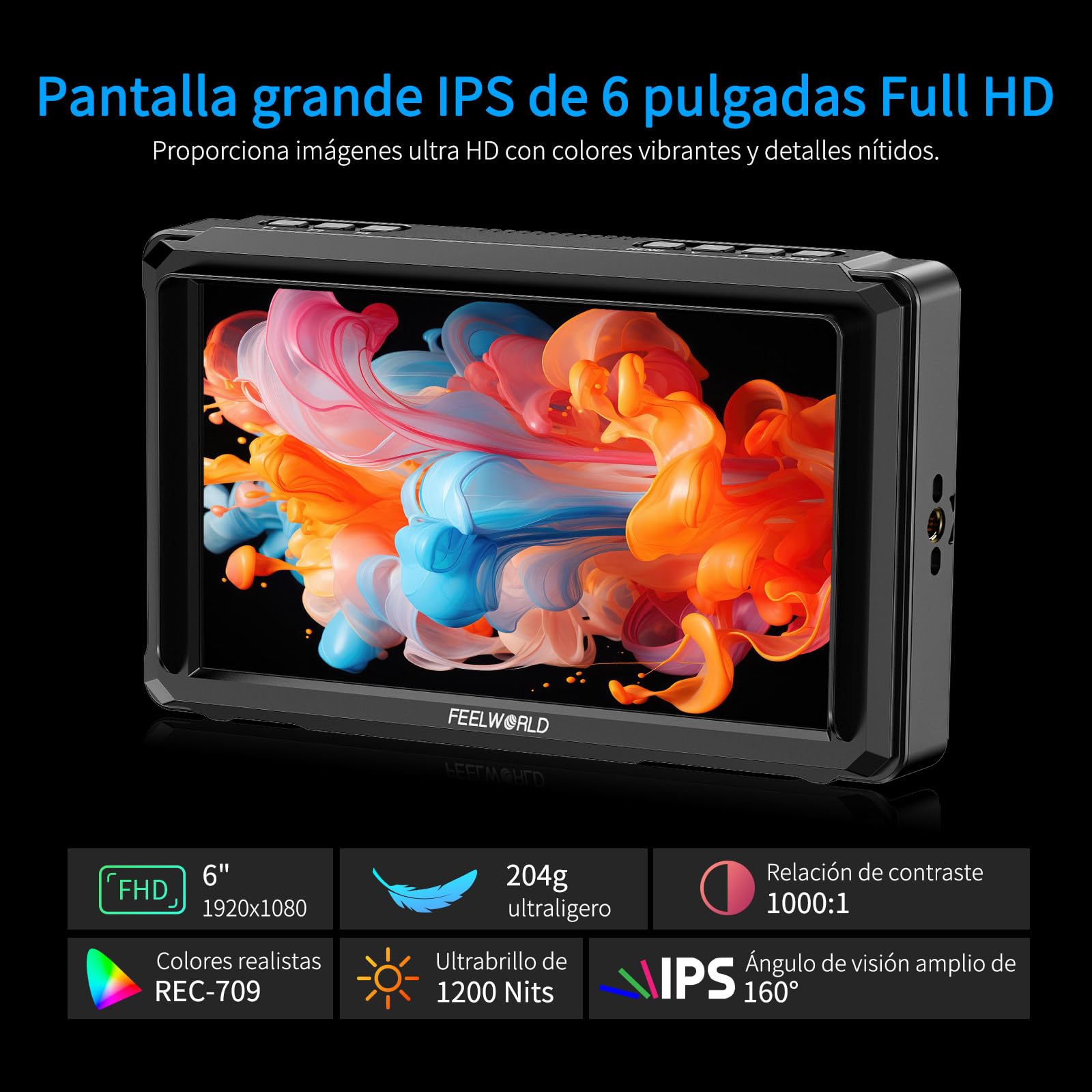 FEELWORLD FW568 Pro 6 Pulgadas 1200nit Alto Brillo Cámara Monitor de Campo con F750 4400mAh Batería y Bolsa, Custom 3D LUT 4K 60Hz HDMI en la Salida de Forma de Onda de Supervisión de Peso Ligero